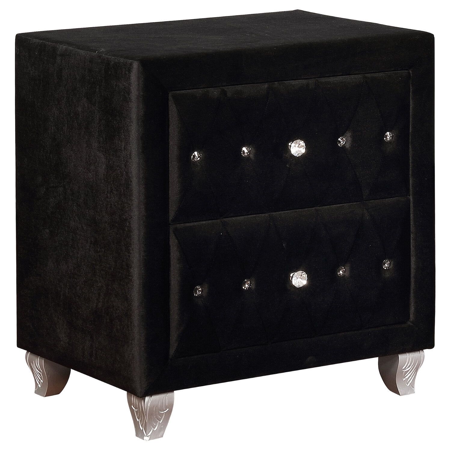 Deanna Black Velvet 2-Drawer Nightstand with Crystal Knobs