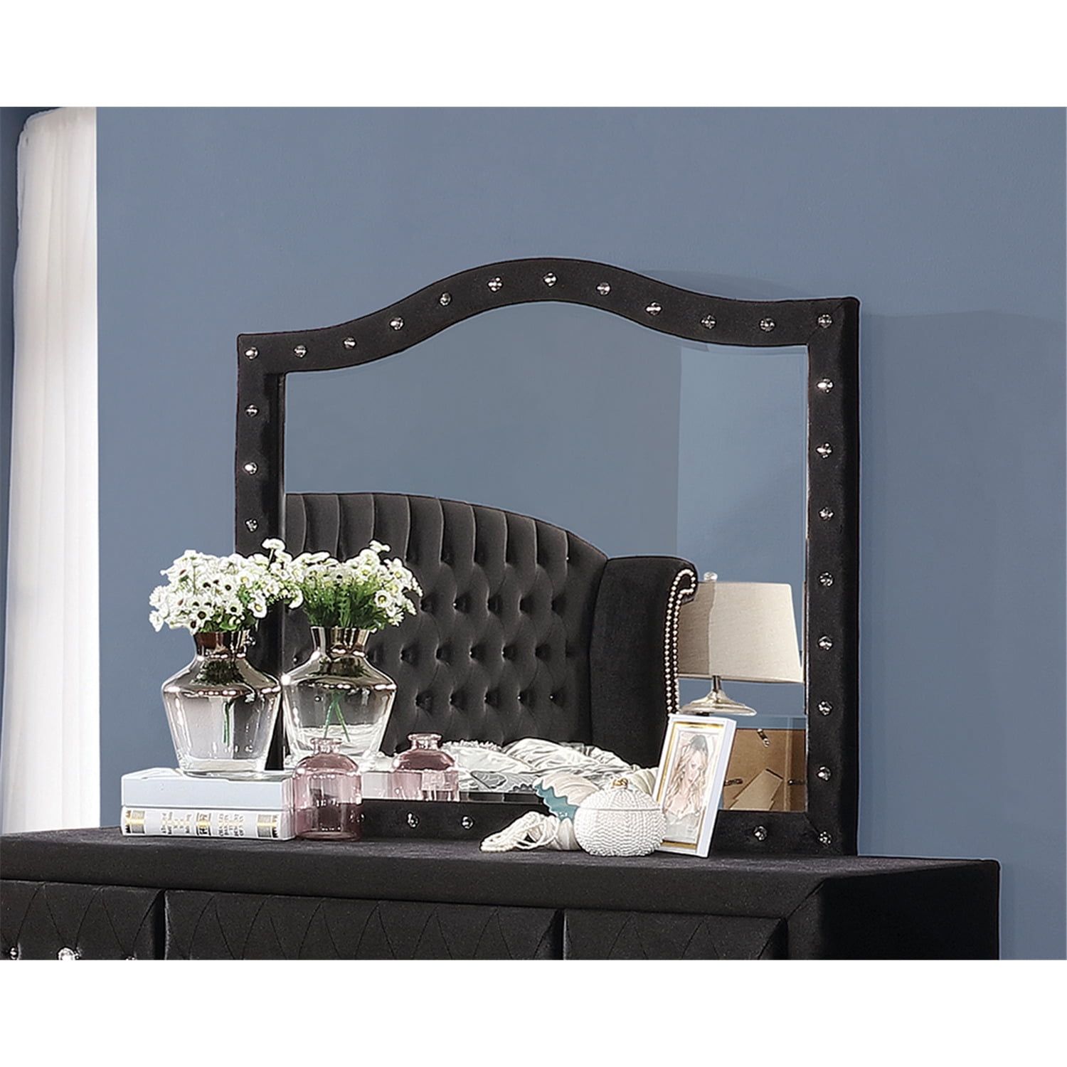 Deanna Black Velvet Button Tufted Dresser Mirror