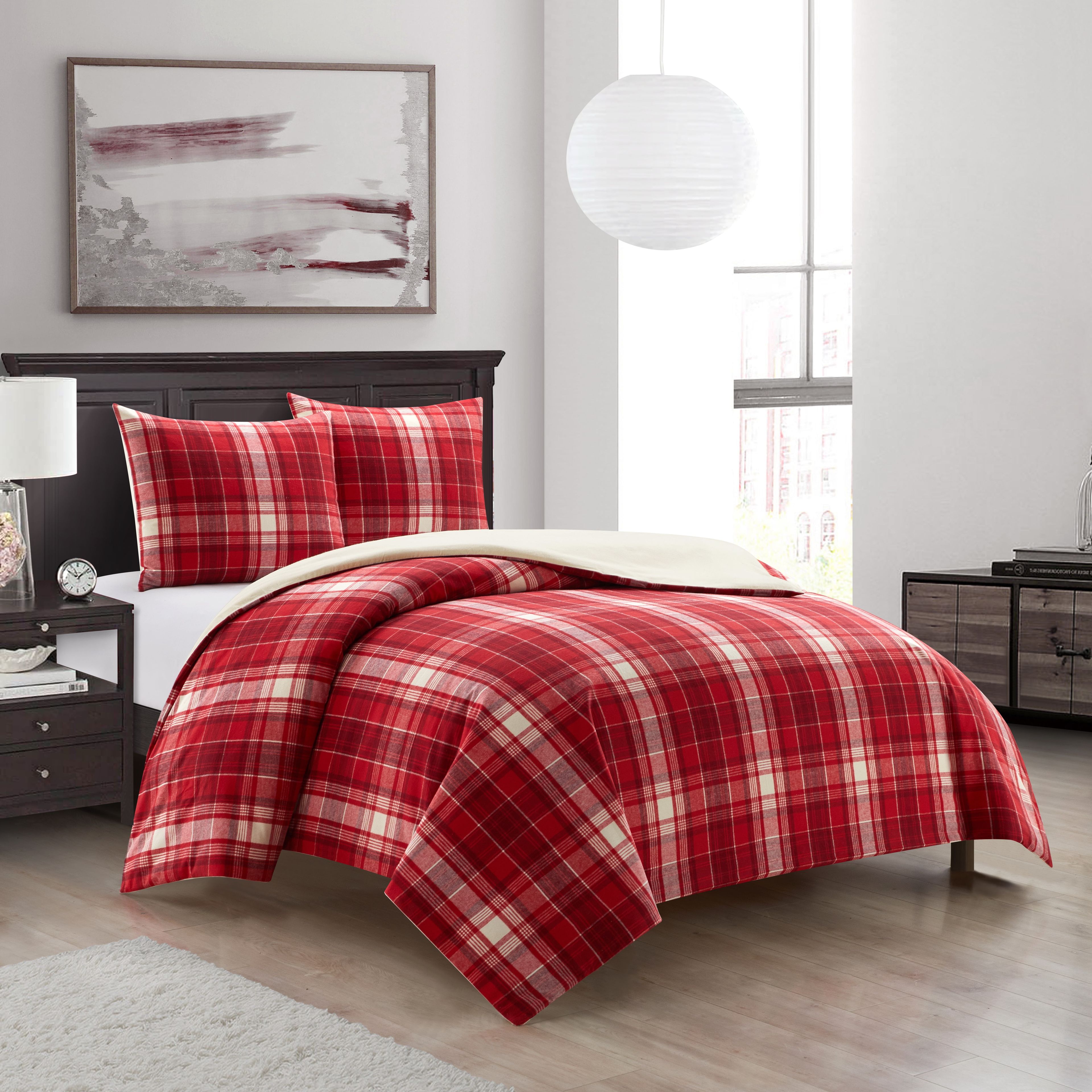 King Size Red Plaid Cotton Comforter Set