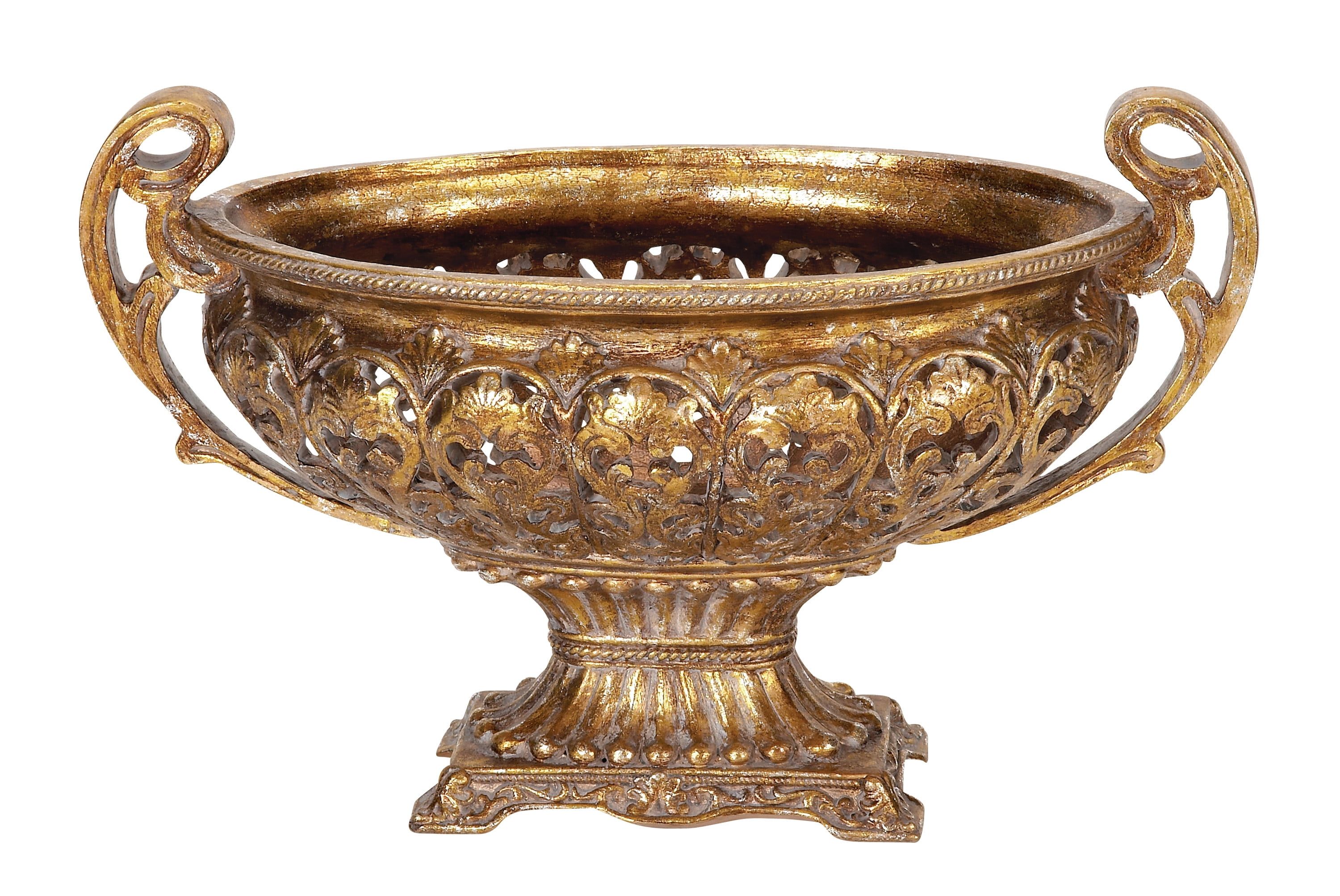 Gold Ornate Resin Decorative Bowl with Handles and Stand