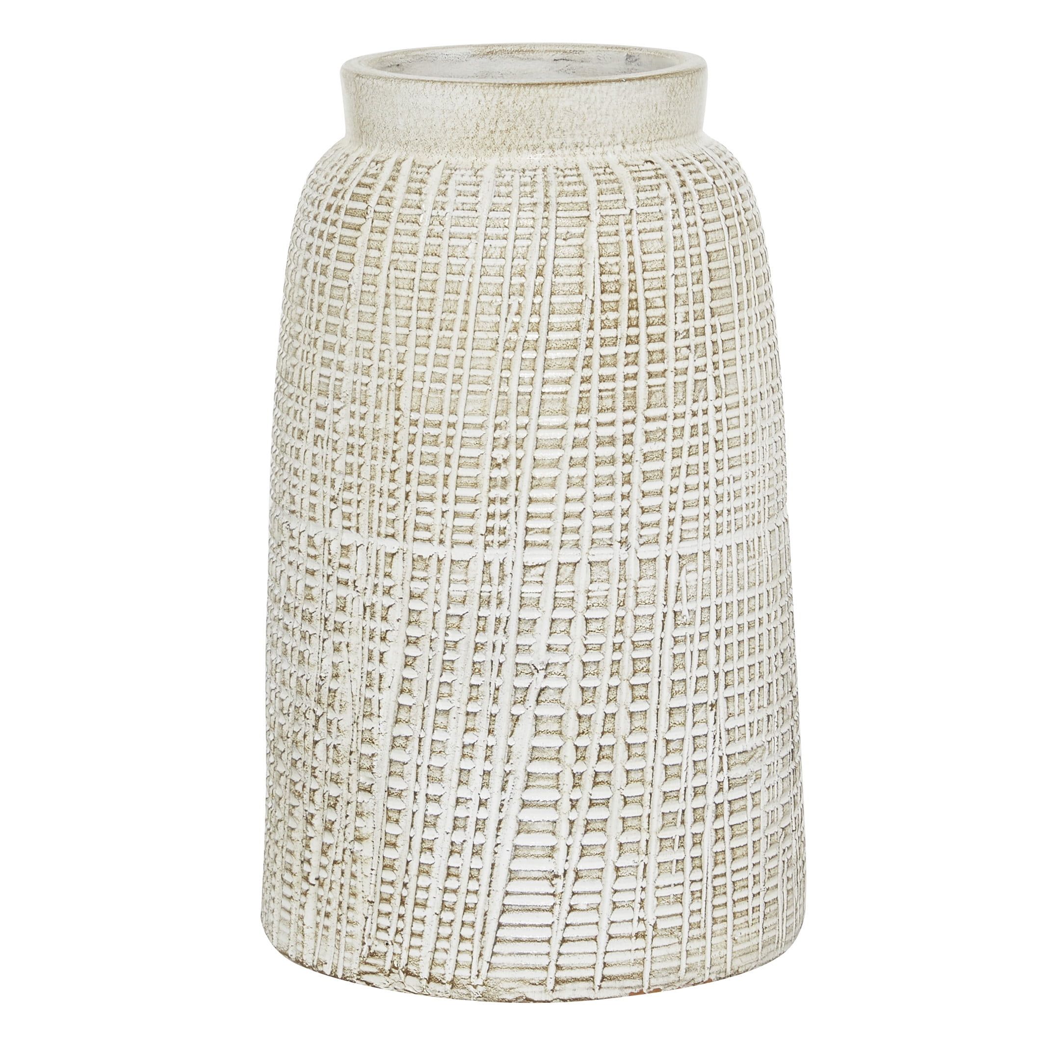 Elegant White Ceramic Bouquet Vase with Crosshatch Texture - 10.75" High