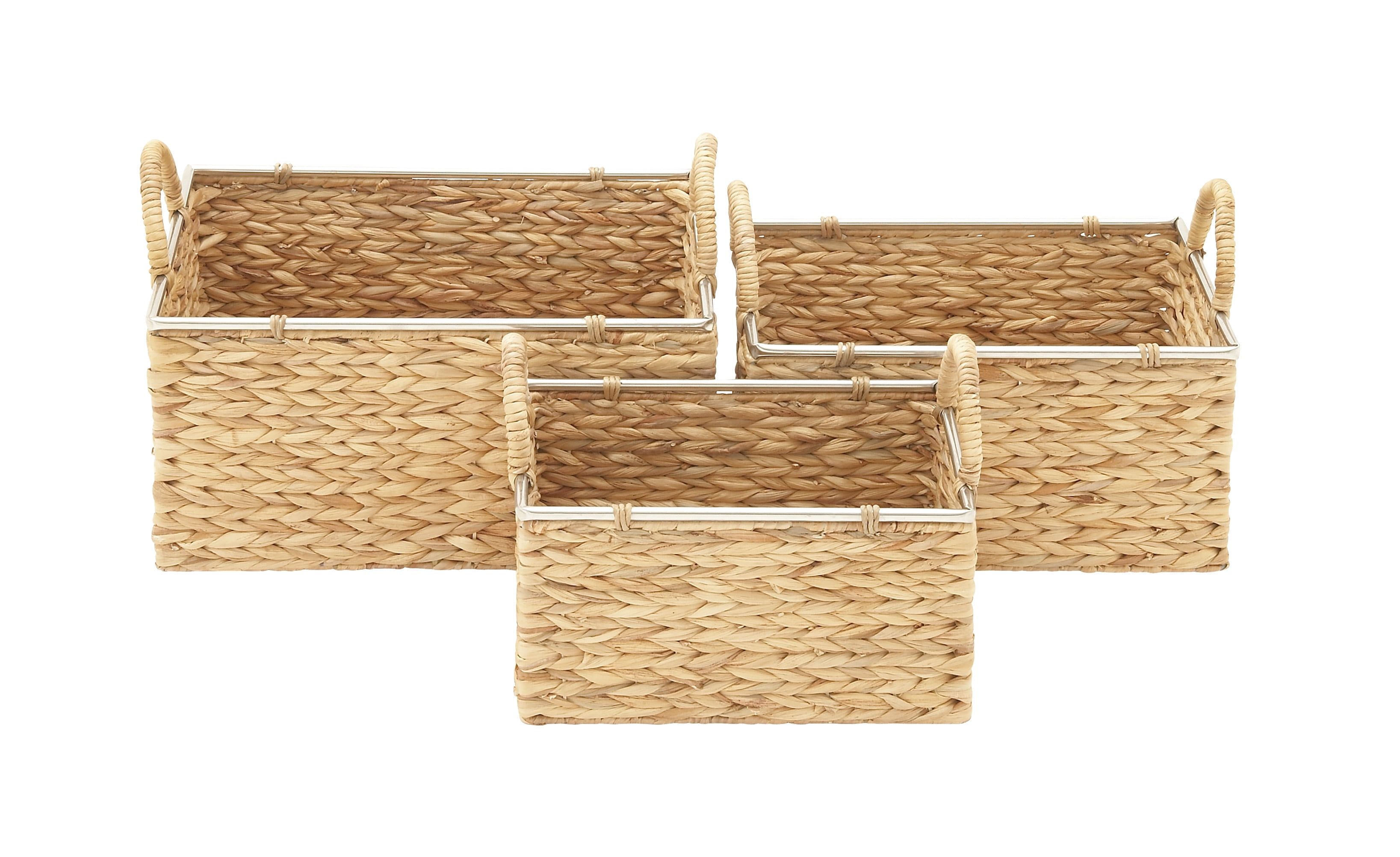 Light Brown Seagrass Rectangular Storage Baskets with Metal Handles, Set of 3