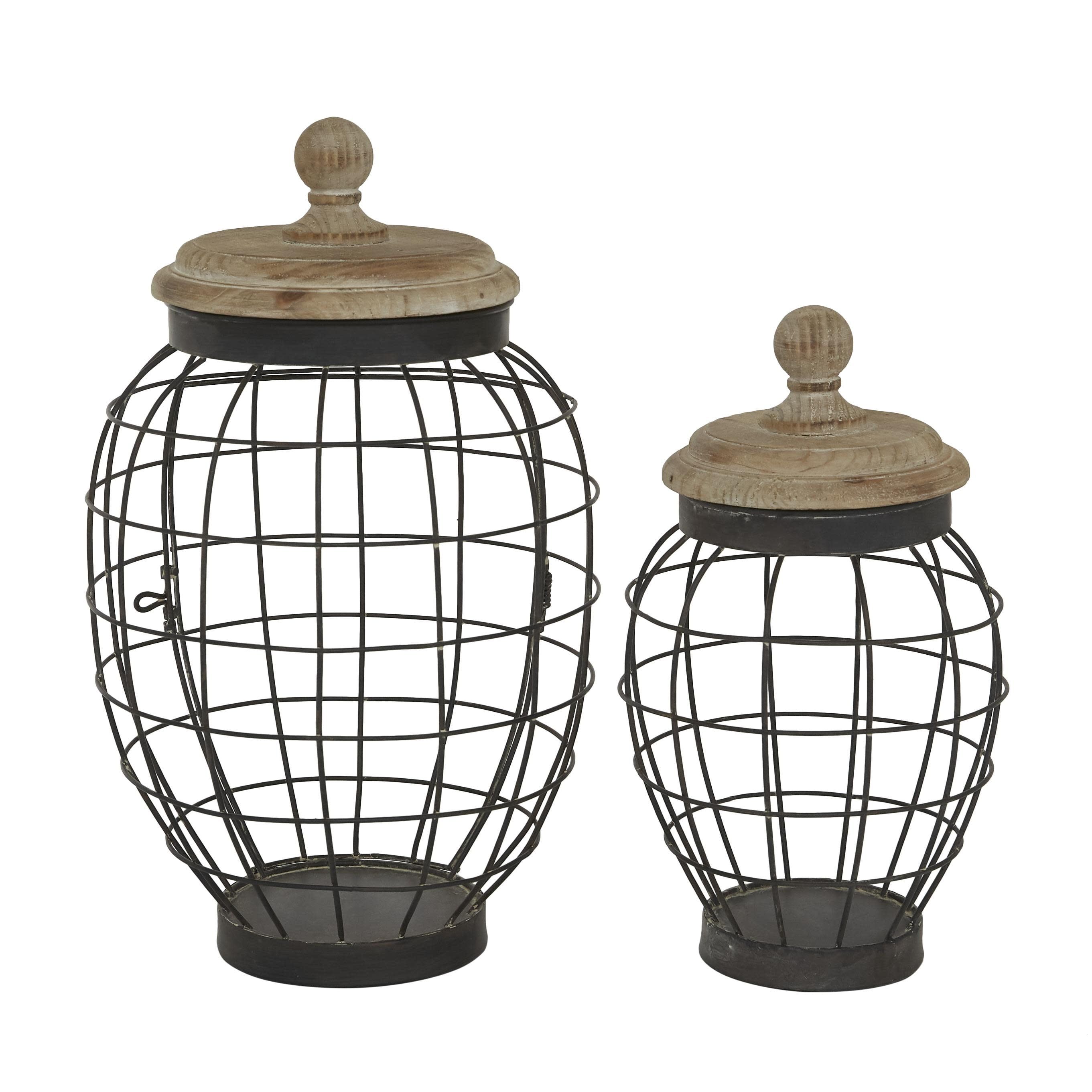 Black Metal Wire Decorative Jars with Wooden Lids, Set of 2