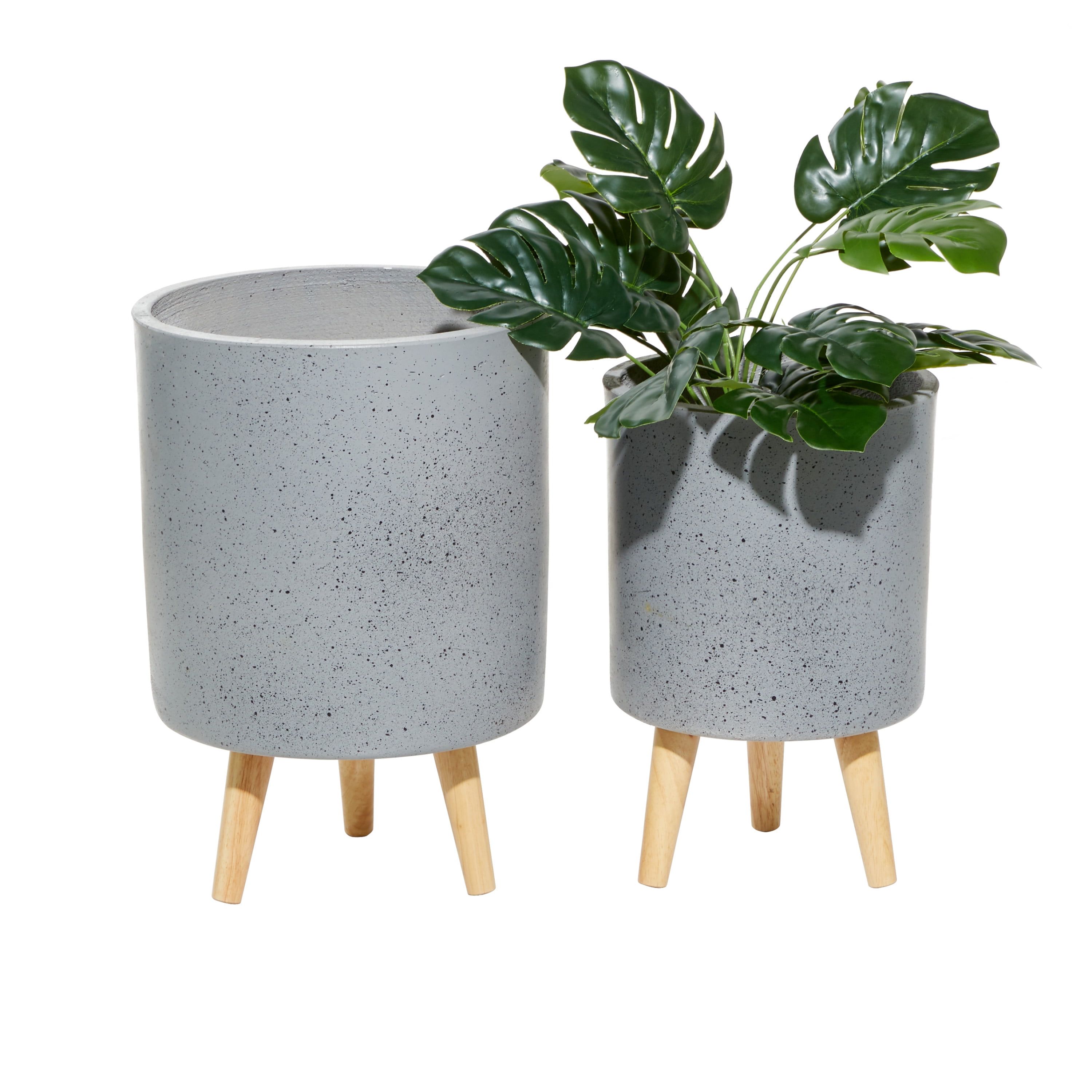 Light Gray Ceramic and Fiber Clay Planter Set with Beige Legs