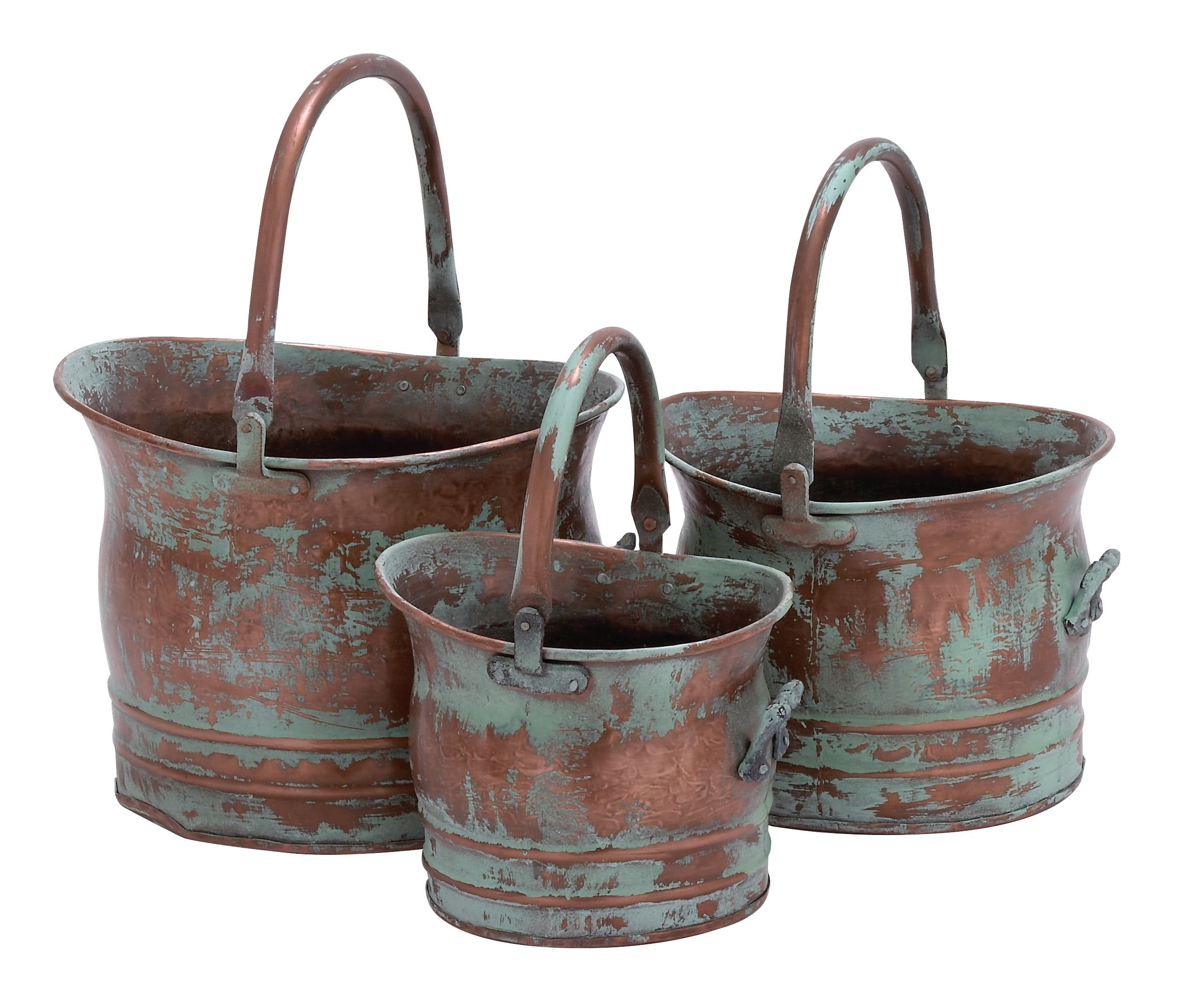 Set of 3 Copper and Green Patina Metal Planters with Handles