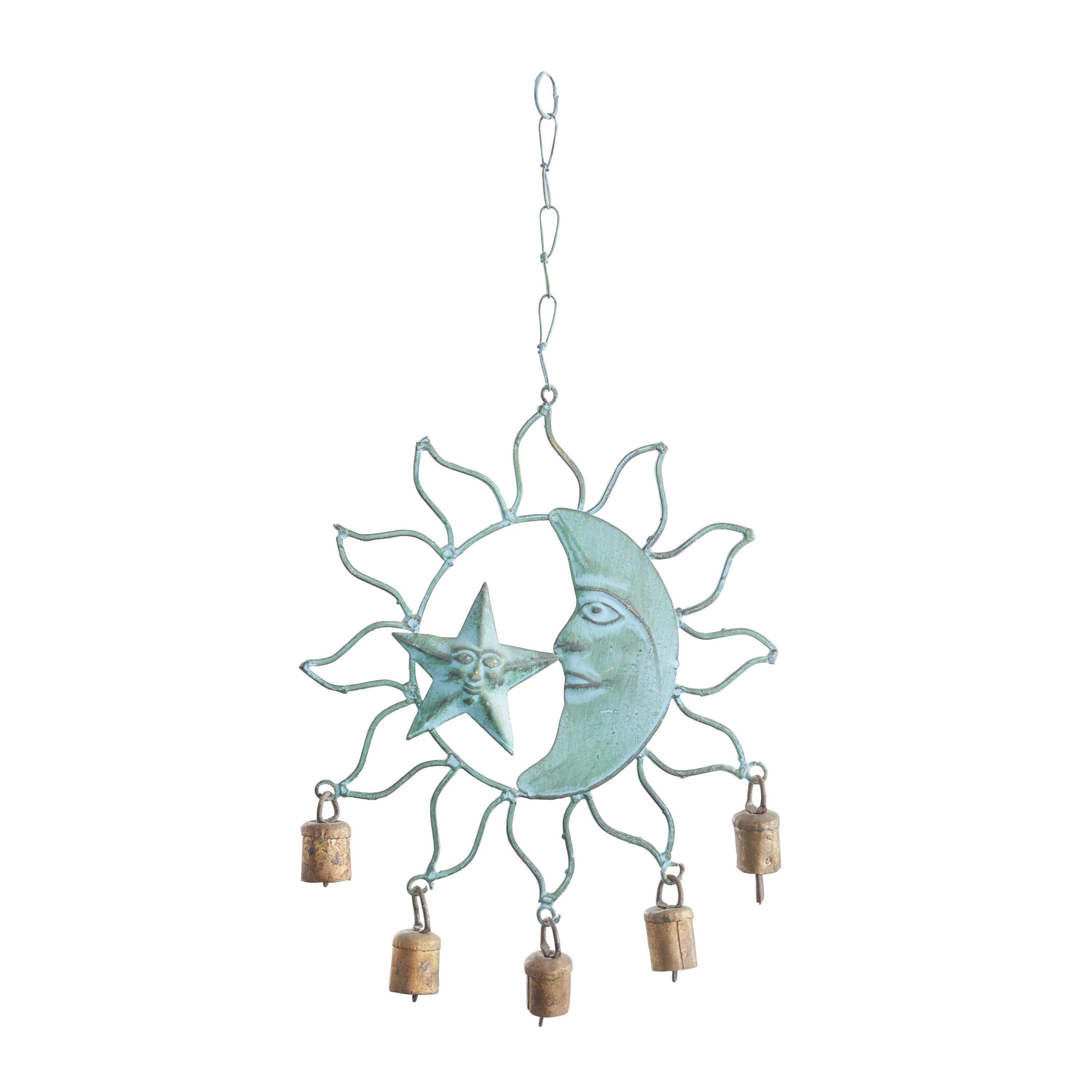 Teal Metal Sun and Moon Windchime with Brass Bells