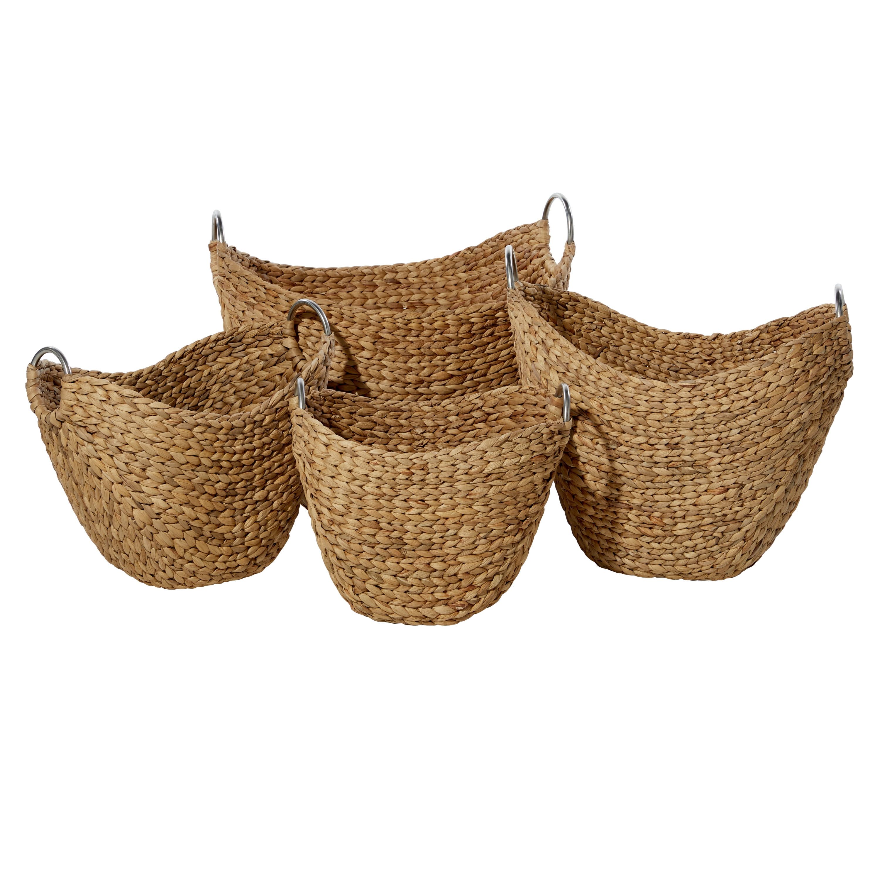 Brown Seagrass Round Storage Baskets with Metal Handles, Set of 4