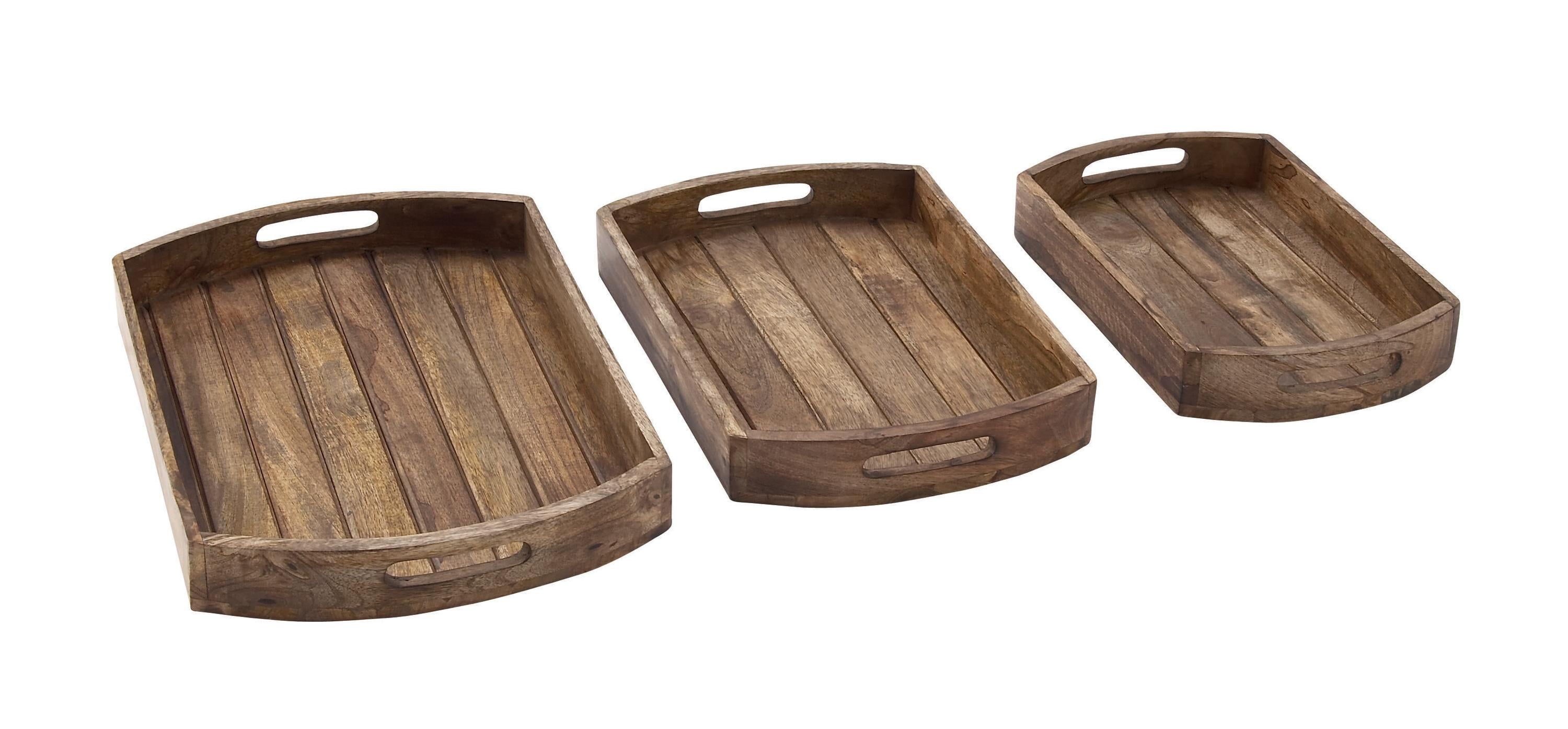 Light Brown Mango Wood Decorative Tray Set with Slot Handles, 3-Piece