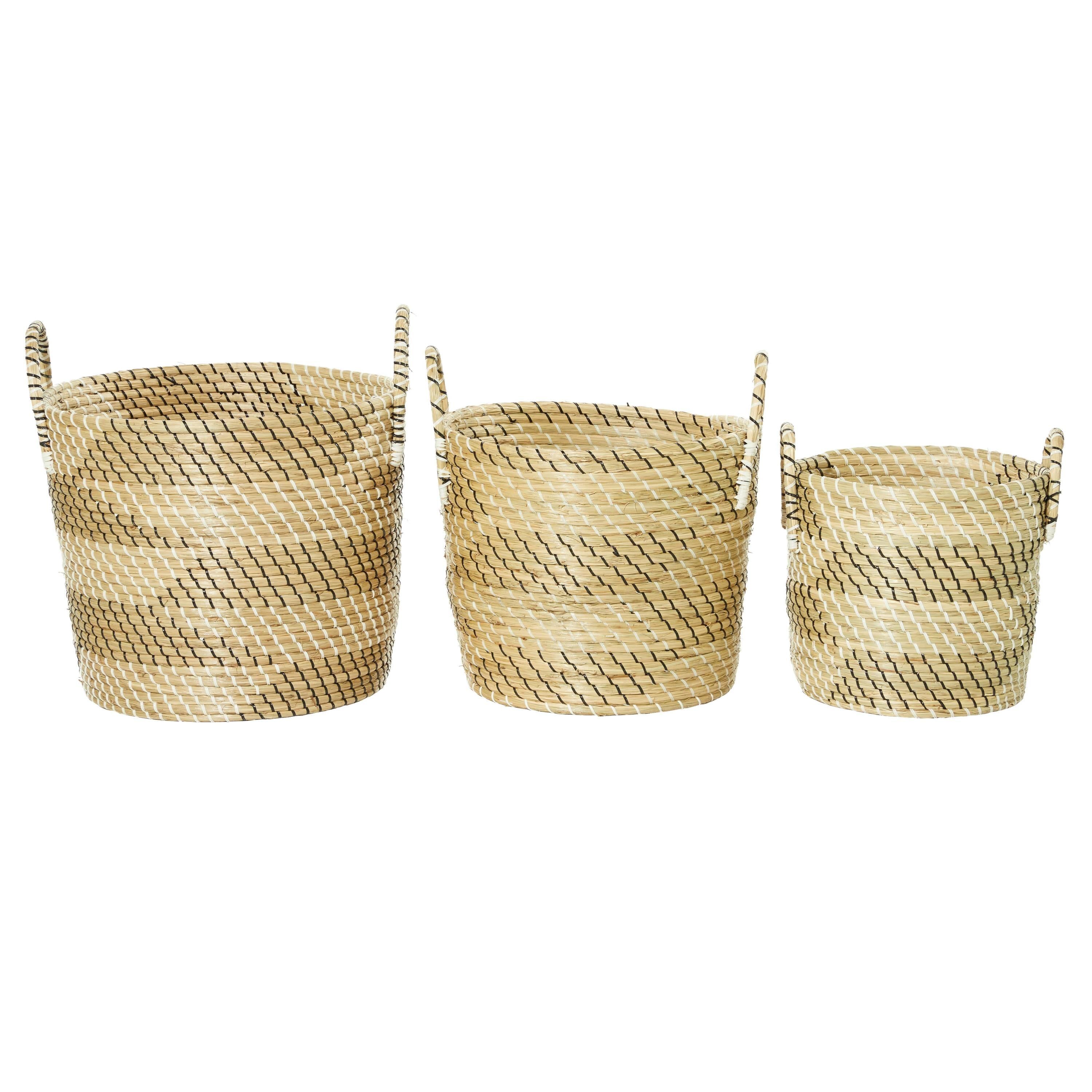 Beige and Black Seagrass Round Storage Baskets, Set of 3