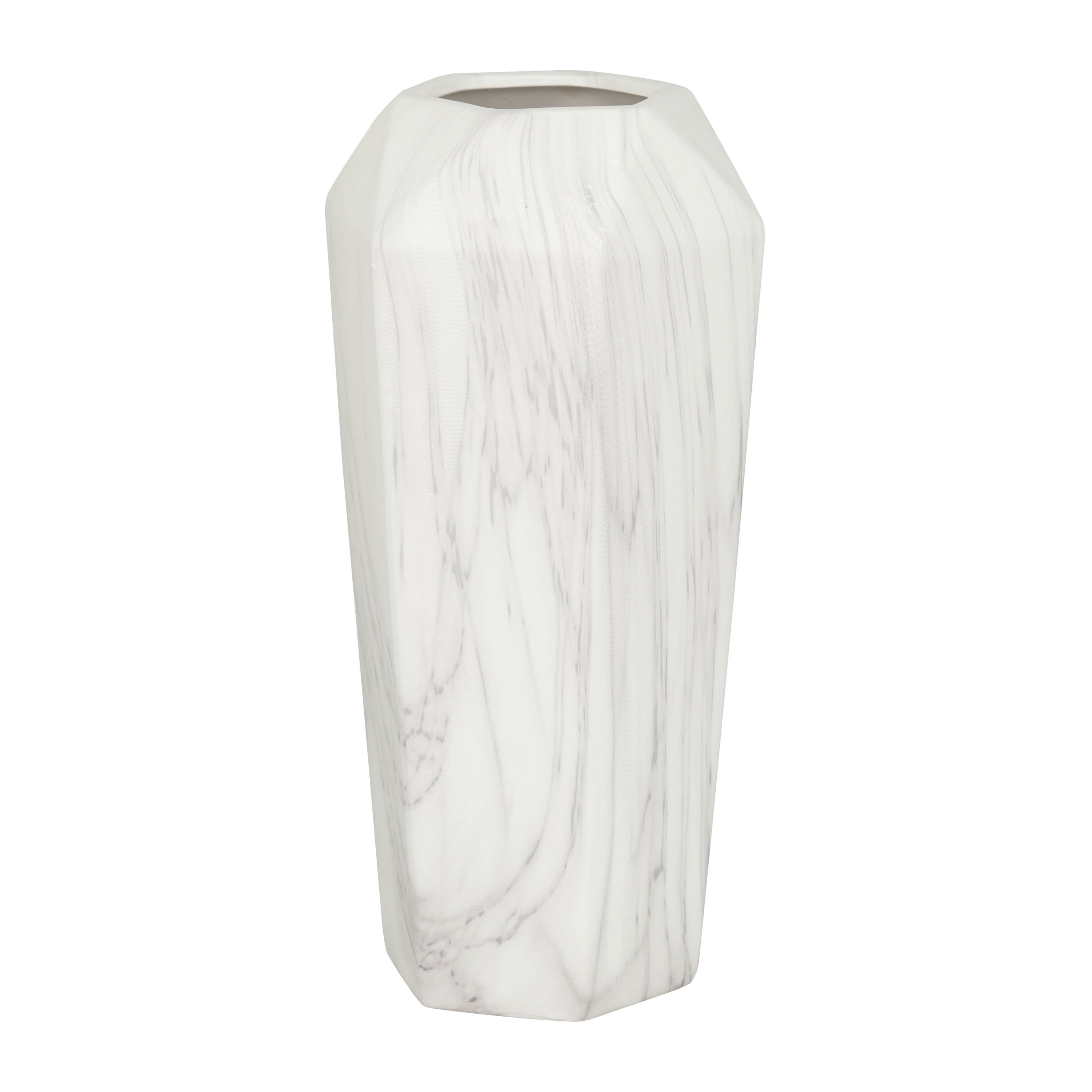 14" White and Gray Faux Marble Ceramic Decorative Vase