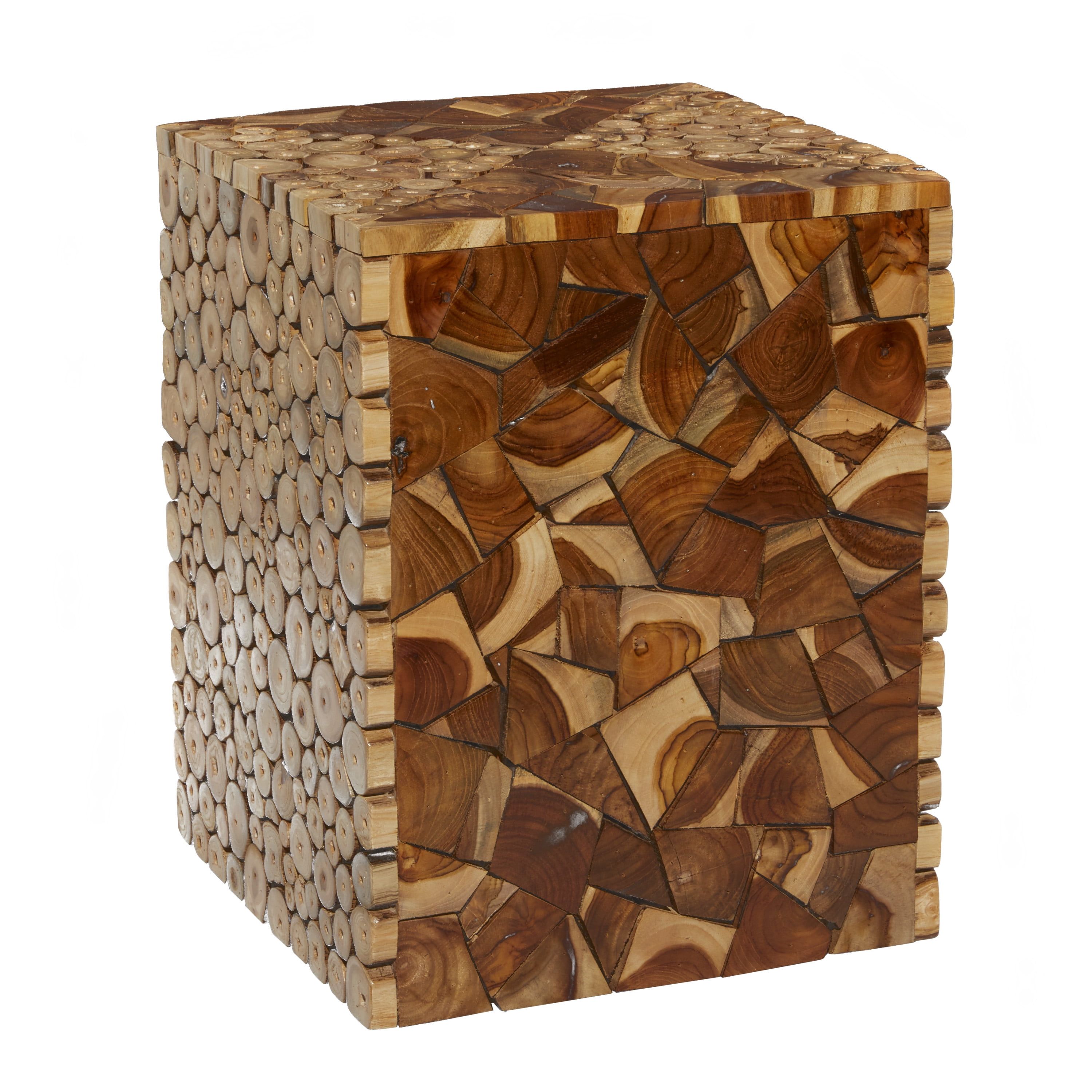 Handcrafted 14" Brown Teak Wood Mosaic Accent Table