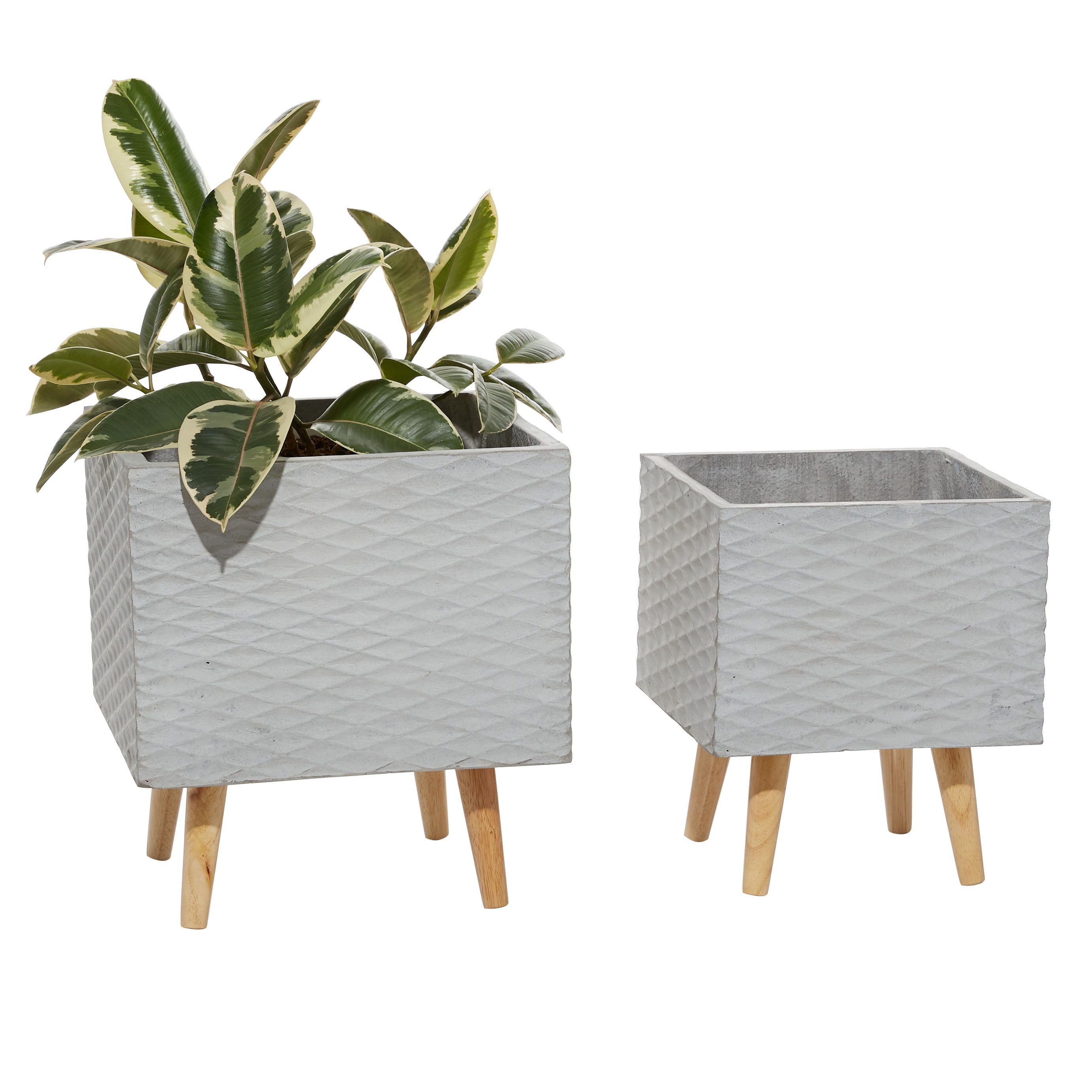 Gray Ceramic Square Planters with Wooden Legs, Set of 2