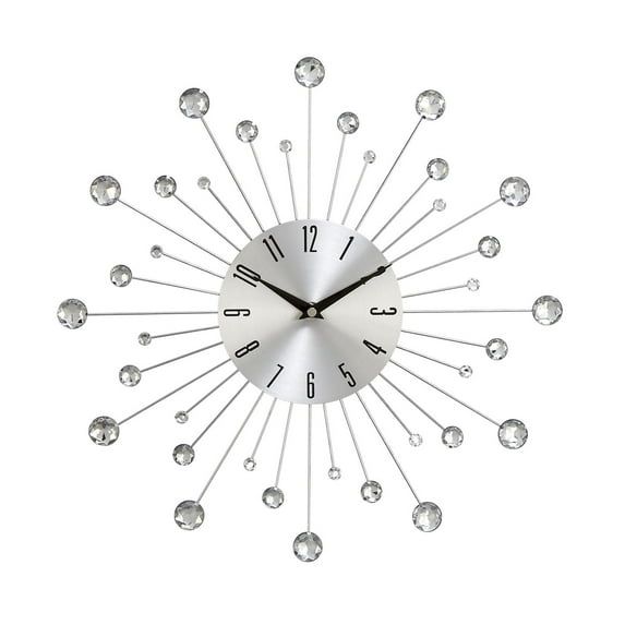 Silver Metal Starburst Wall Clock with Crystal Accents