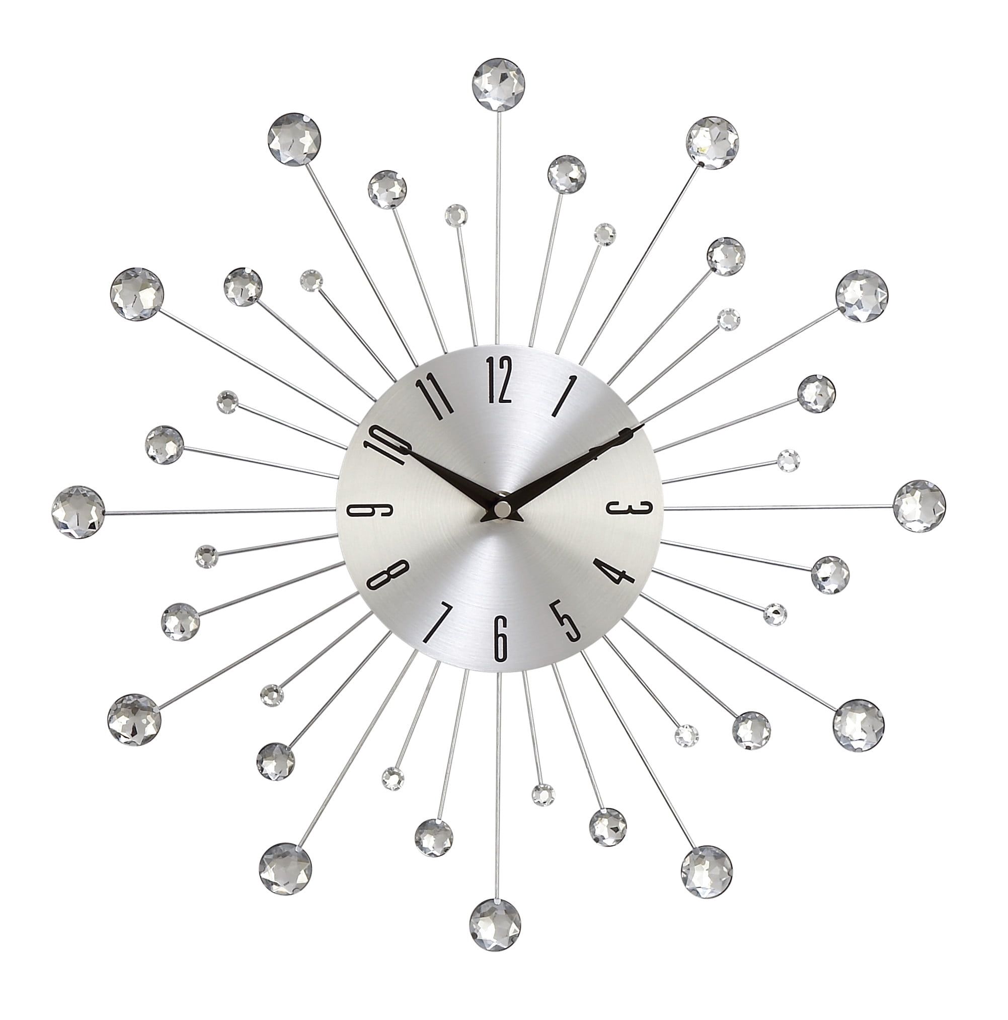 Silver Metal Starburst Wall Clock with Crystal Accents