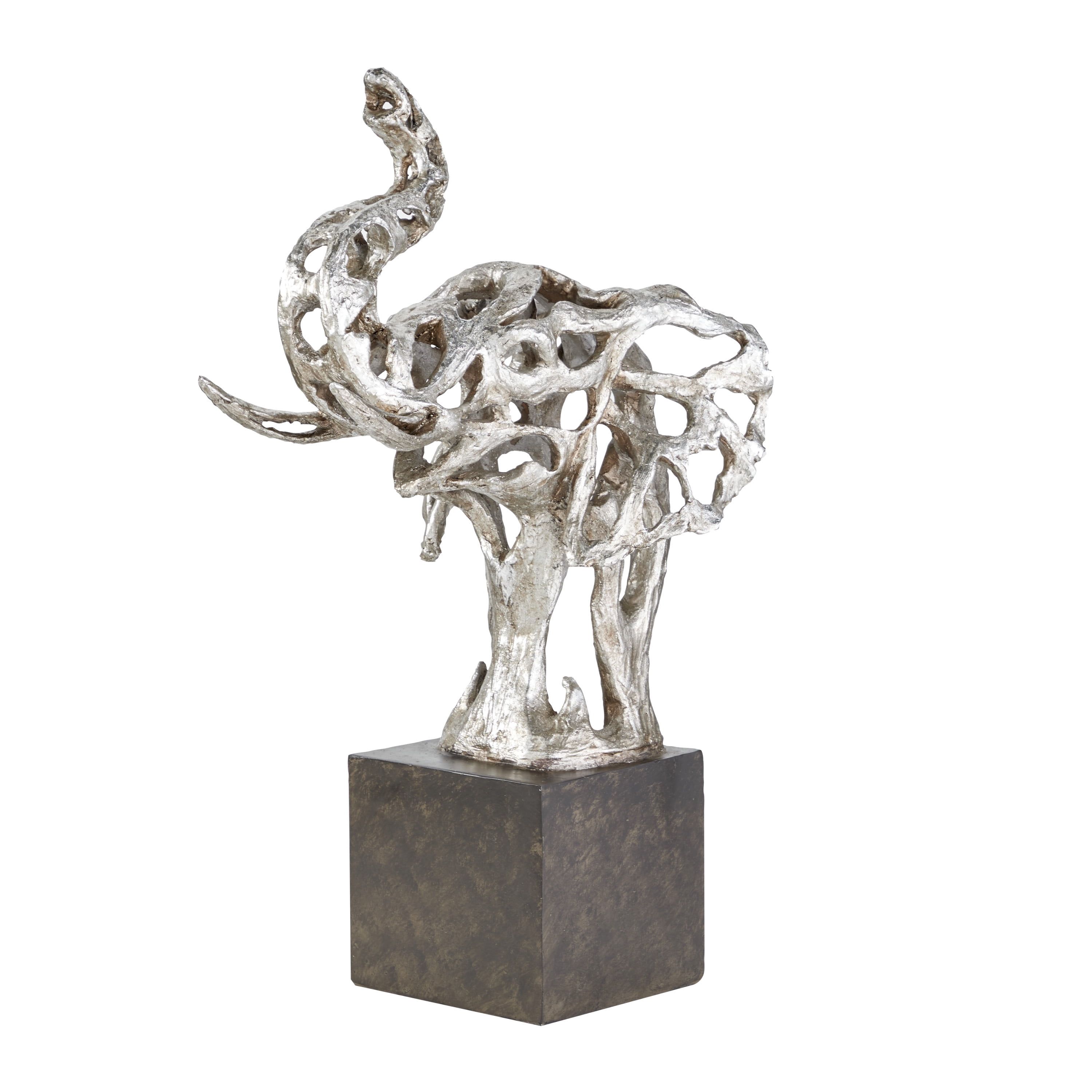 Silver Polystone Abstract Elephant Sculpture on Square Base