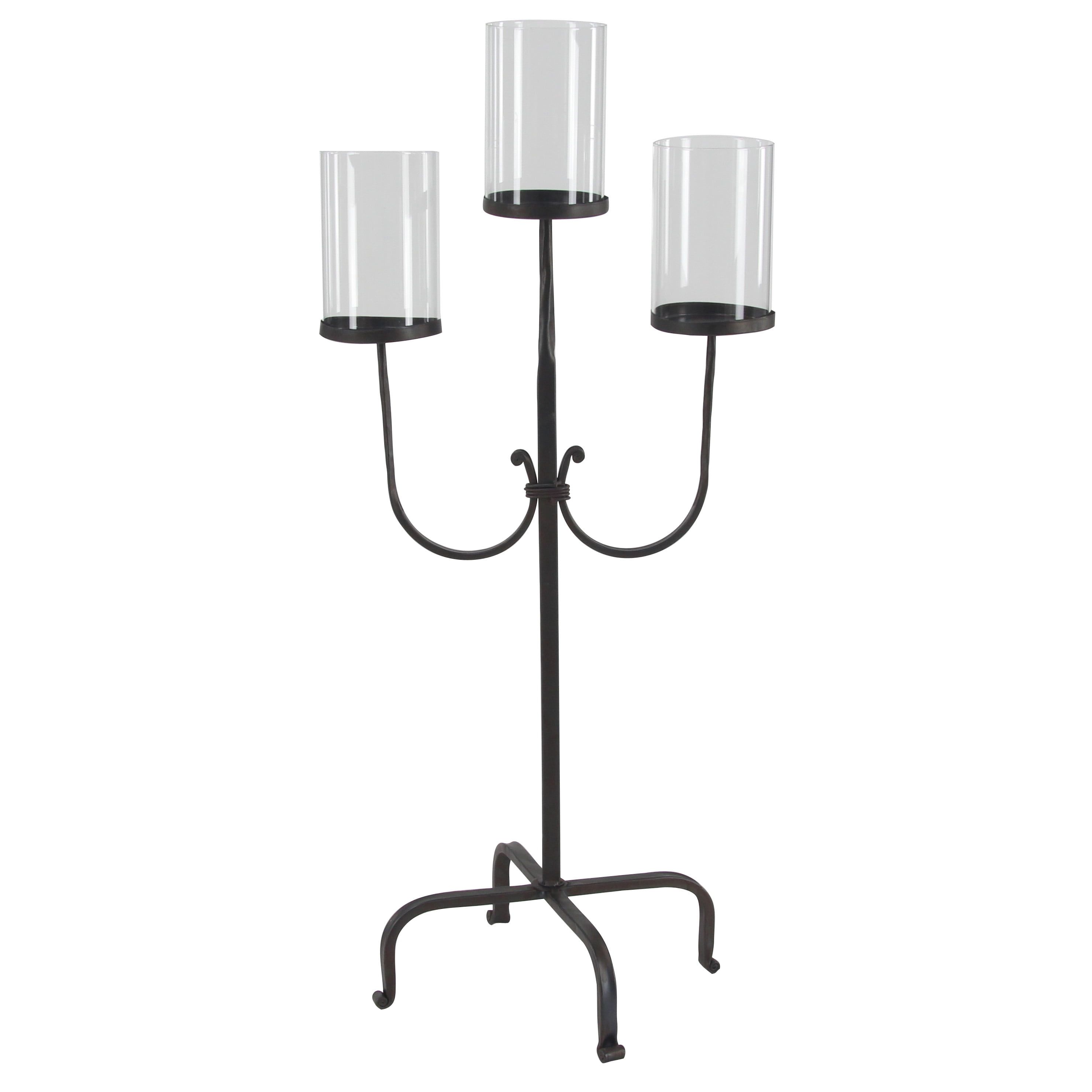 Black Iron 3-Light Hurricane Candelabra with Glass Shades