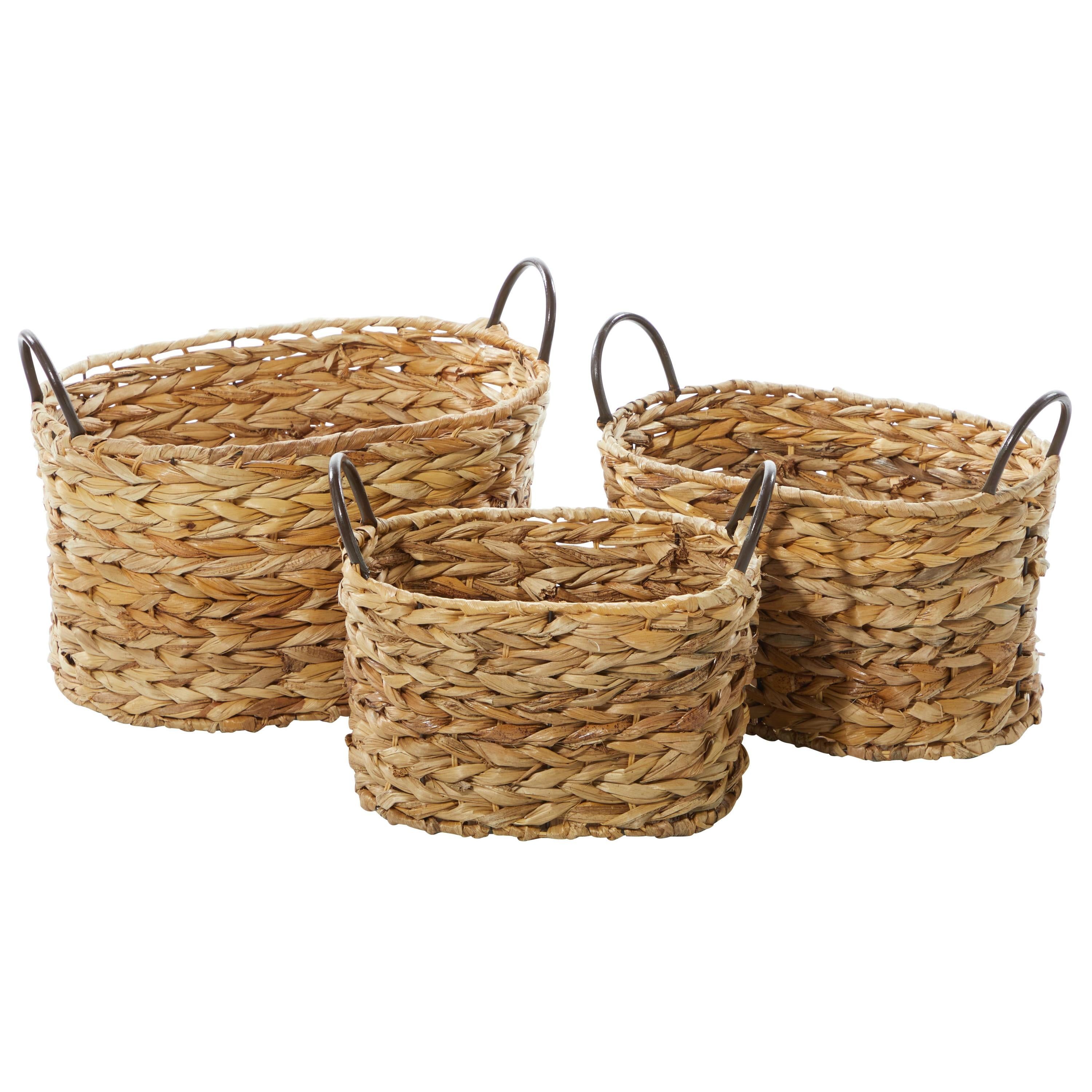 Brown Seagrass Oval Storage Baskets with Metal Handles, Set of 3