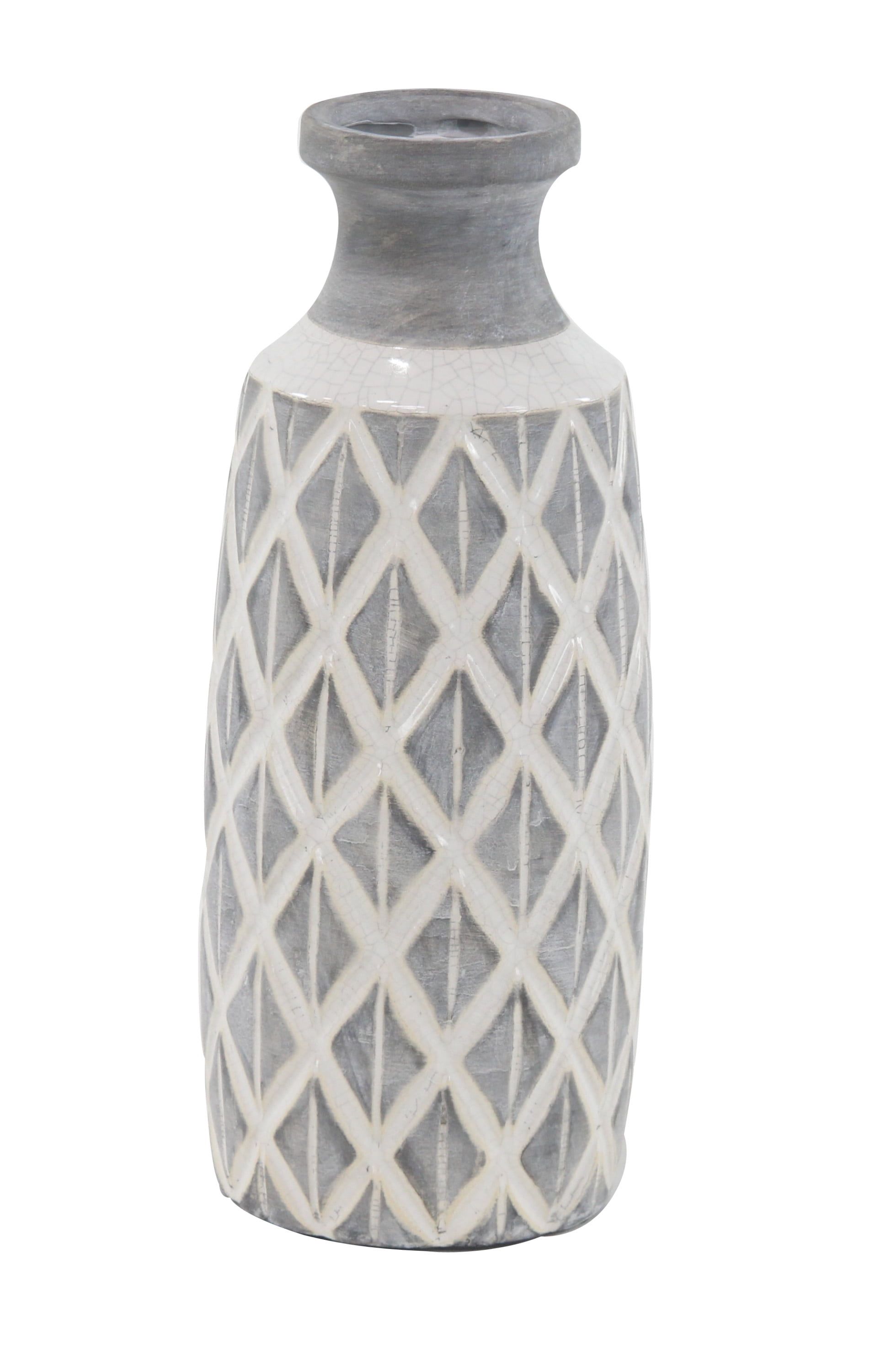 Gray Ceramic Coastal Round Table Vase with Diamond Pattern