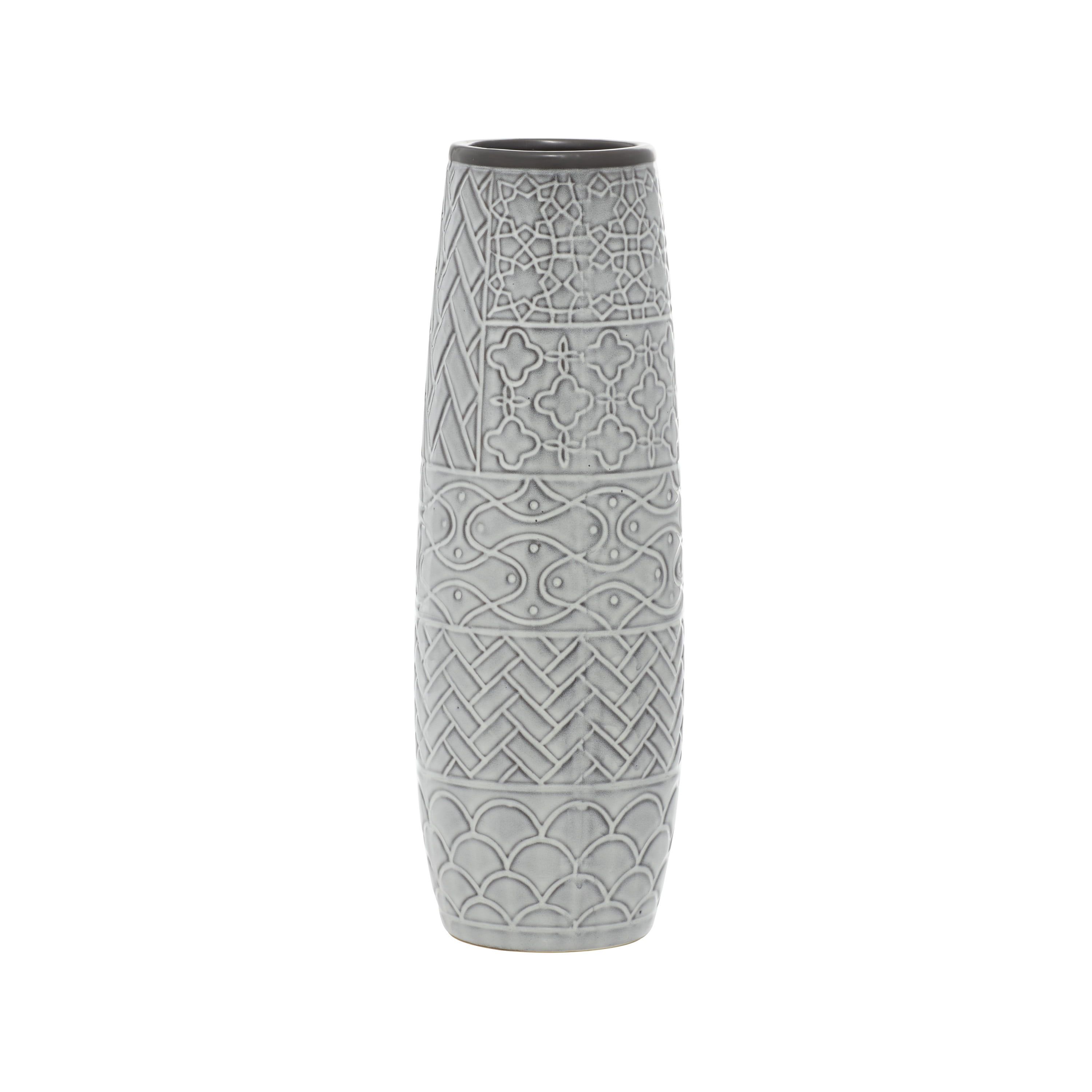 16" Gray Ceramic Floor Vase with Geometric Patterns