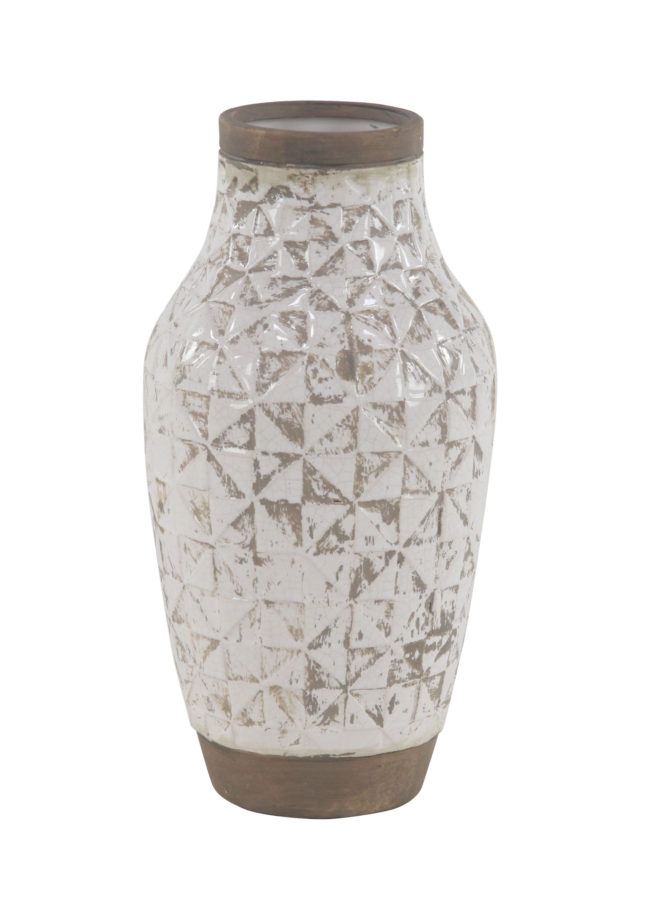 Elegant White Ceramic Table Vase with Geometric Accents 16.25"