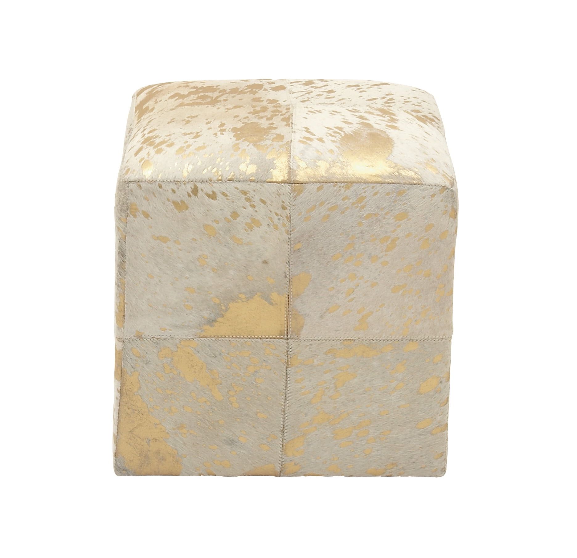 Gold and Beige Leather Box Pouf Stool