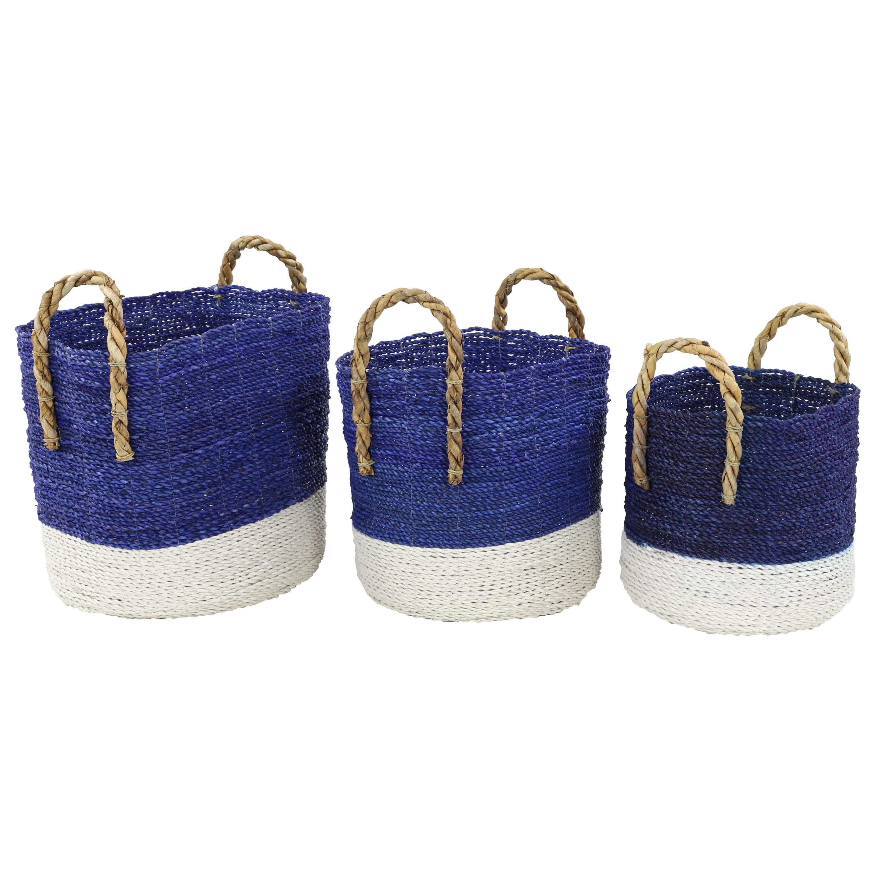 Coastal Charm Blue and White Seagrass Round Storage Basket Set