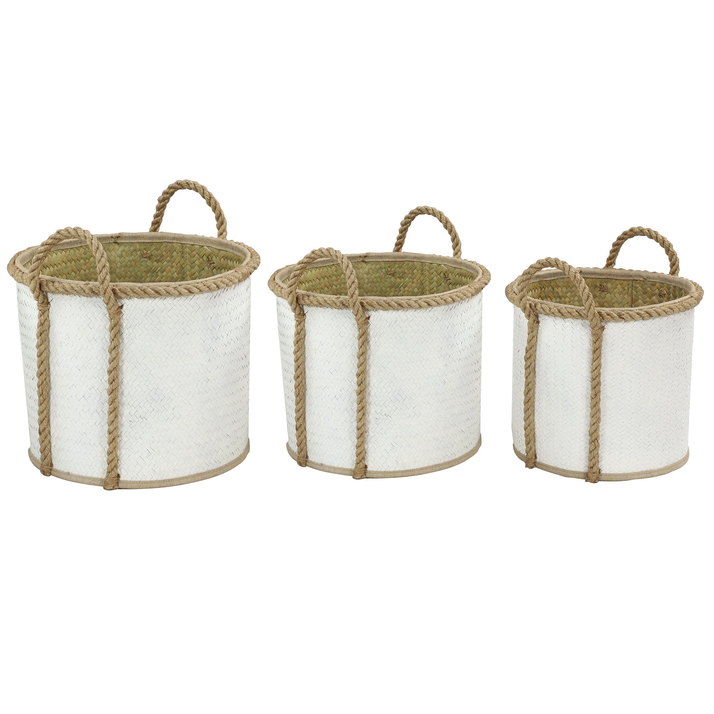 White and Beige Seagrass Round Storage Basket Set