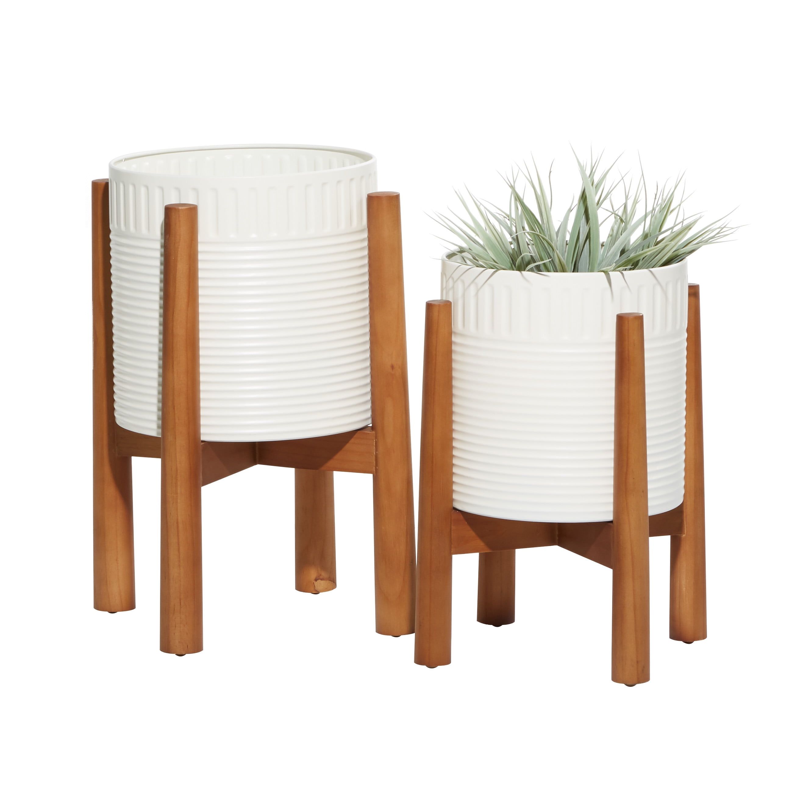 Elegant White Metal & Warm Wood Round Planters, Set of 2