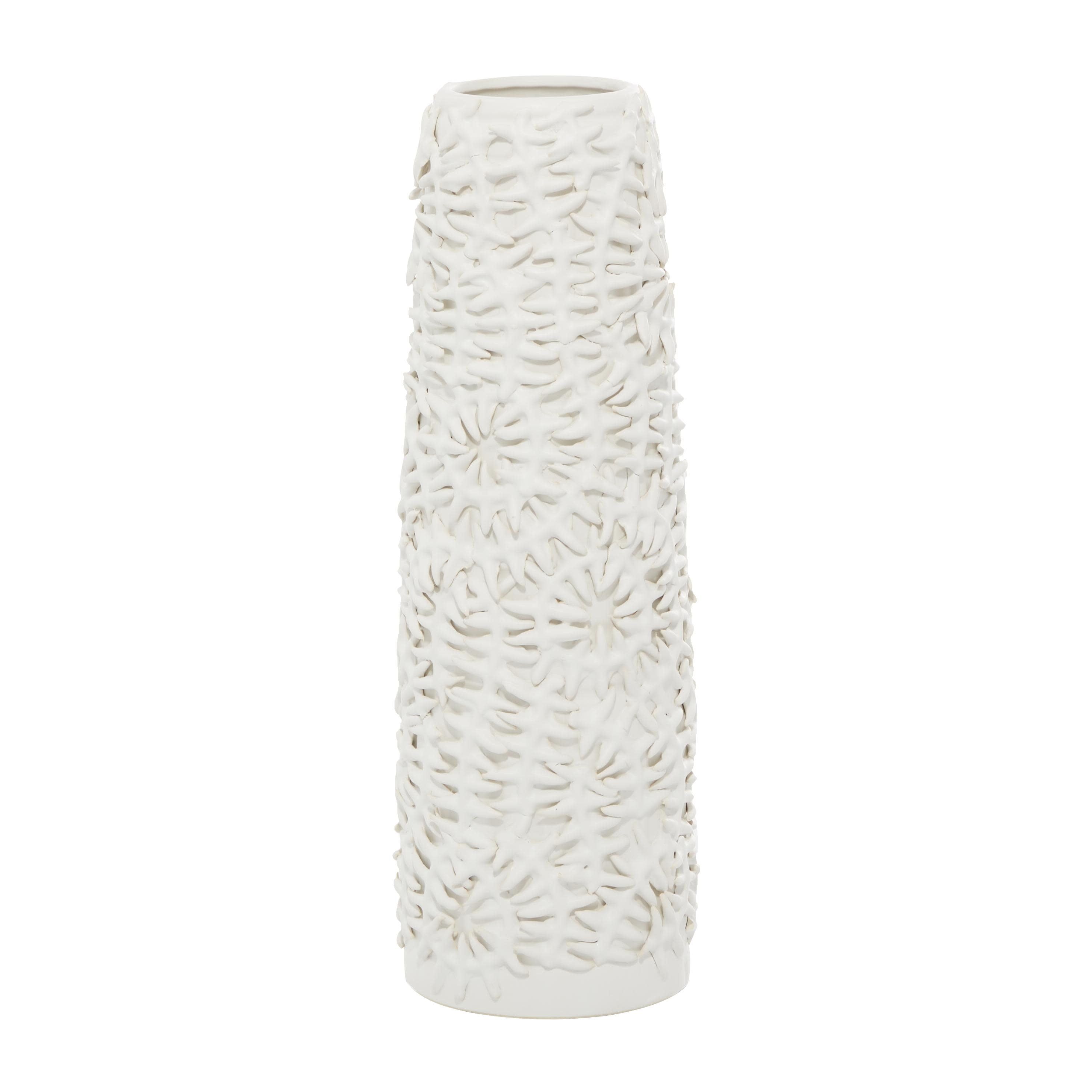 Contemporary Matte White Ceramic Cylinder Vase with Pine Leaf Pattern