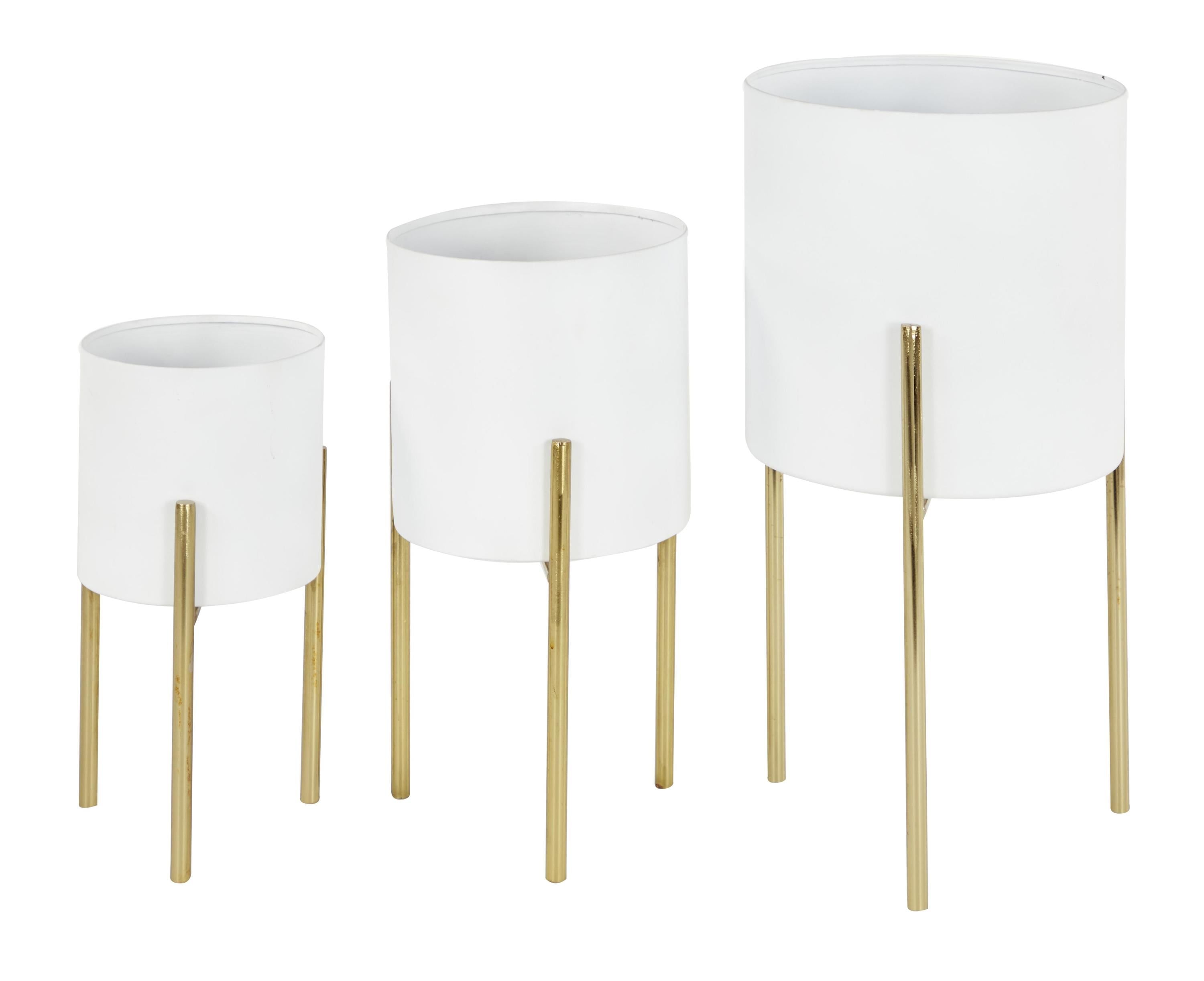 White and Gold Metal Cylinder Floor Planter Set of 3