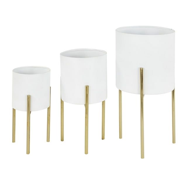 White and Gold Metal Cylinder Floor Planter Set of 3