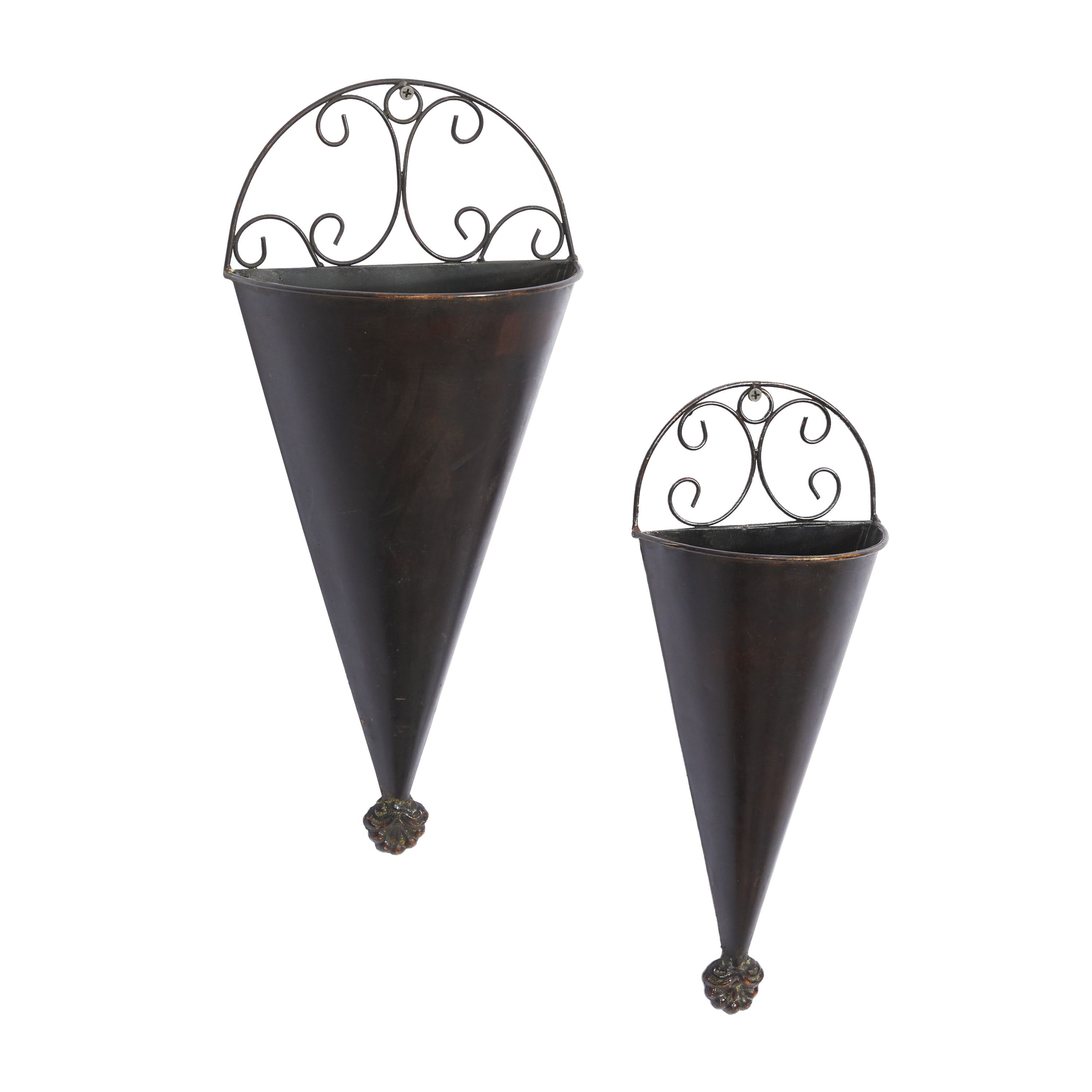 Set of 2 Black Metal Cone Scroll Wall Planters