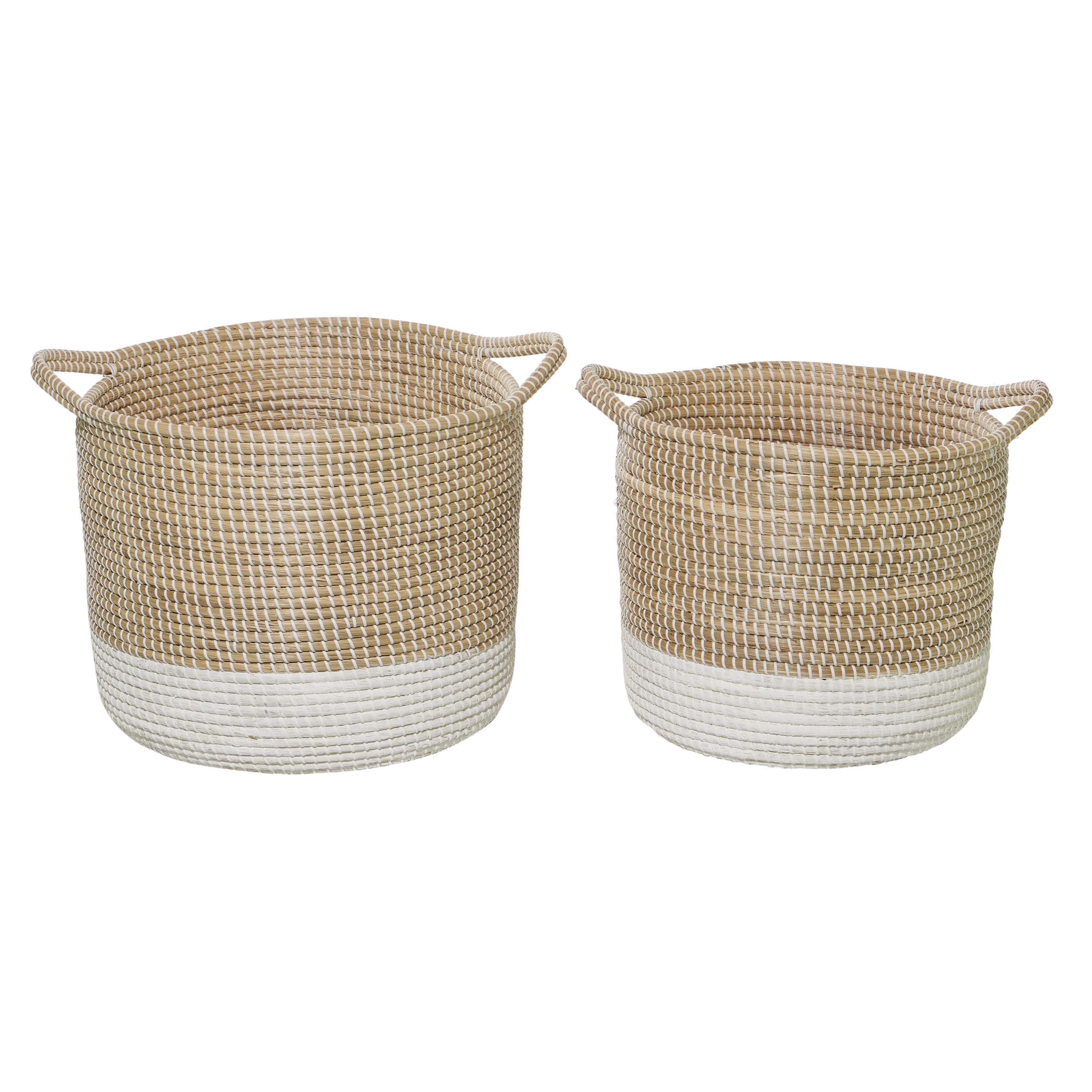 Handwoven White and Natural Seagrass Round Storage Baskets, Set of 2