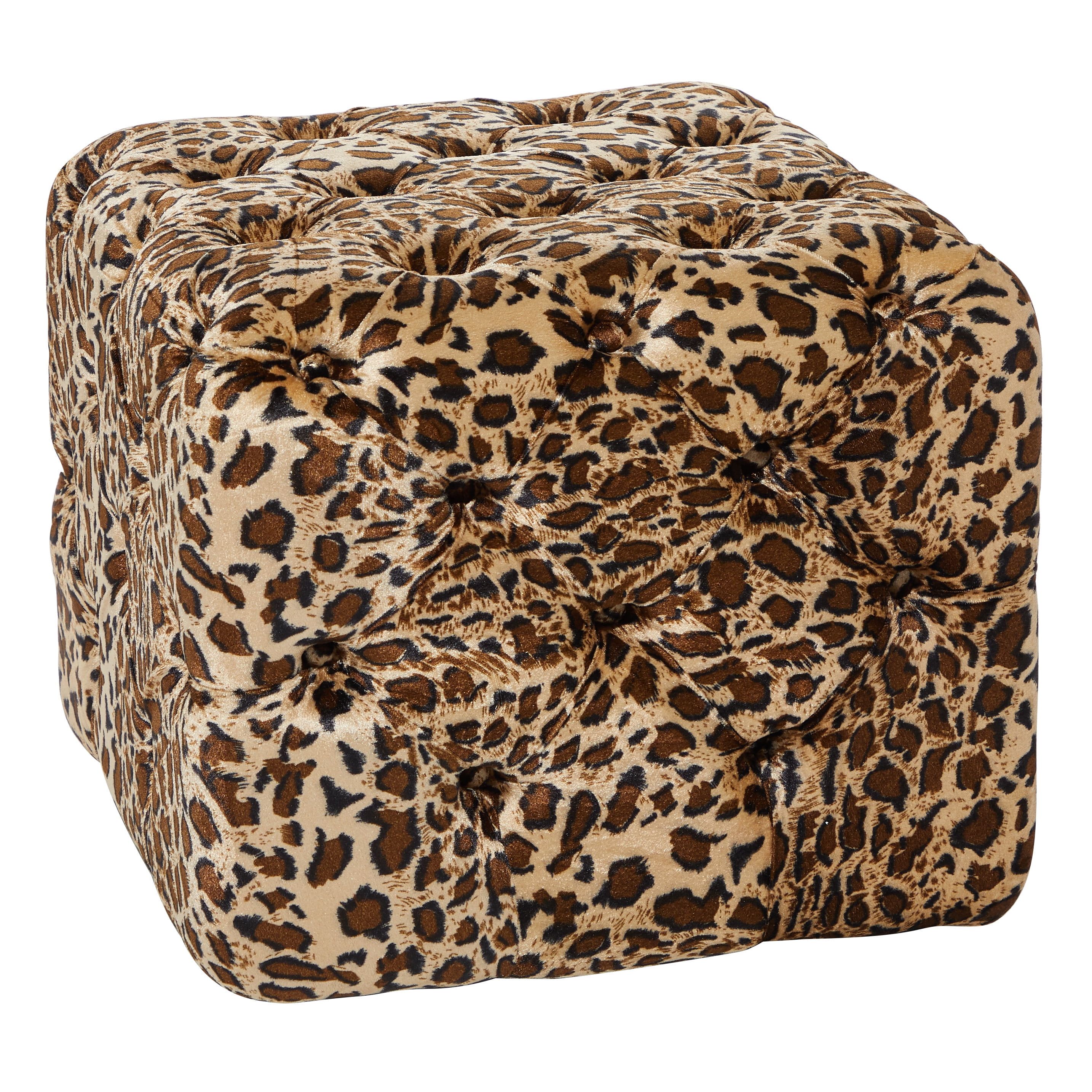 Chic Leopard Print Tufted Footstool in Brown Cotton 18"x19"