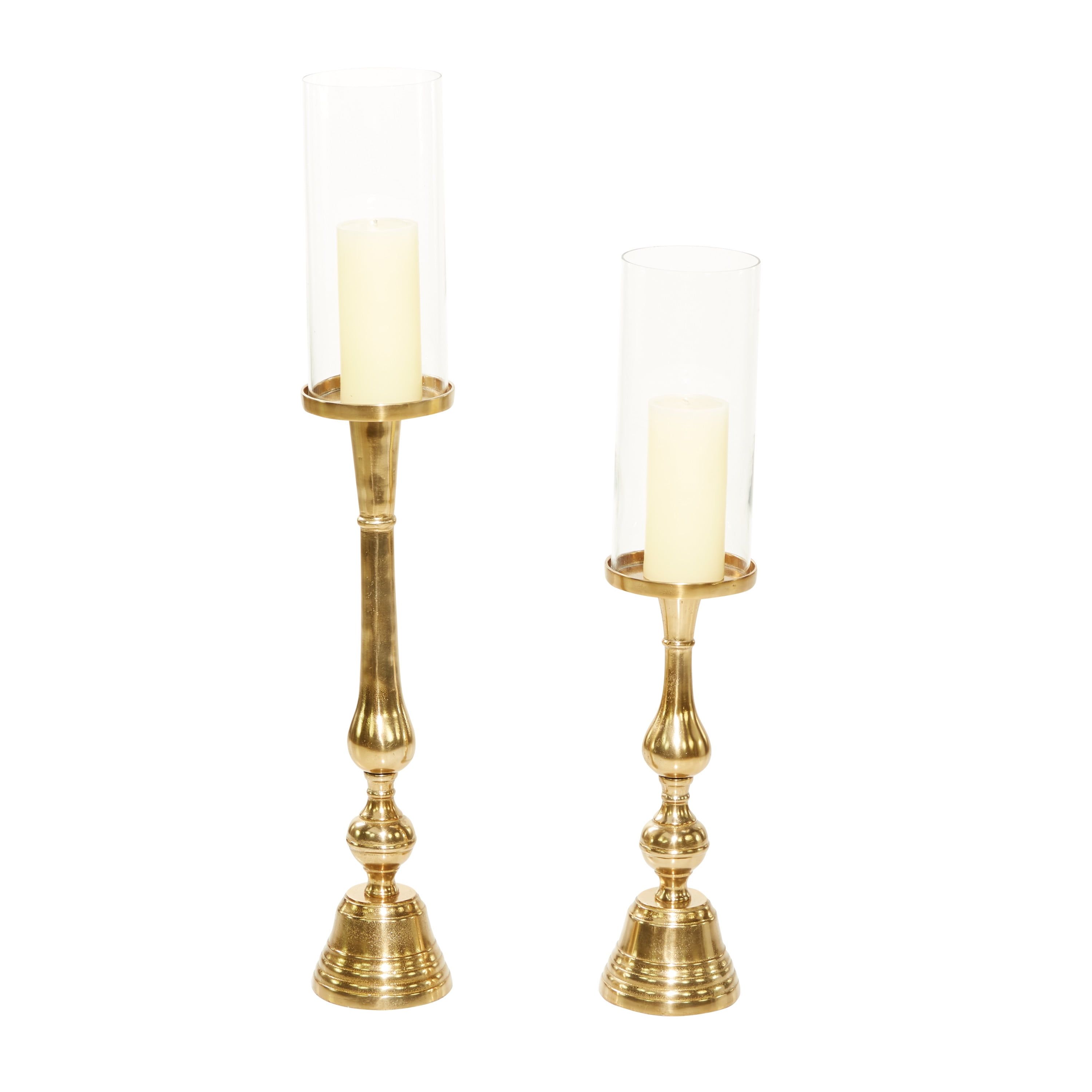 Gold Aluminum and Glass Tall Hurricane Candle Lantern Set