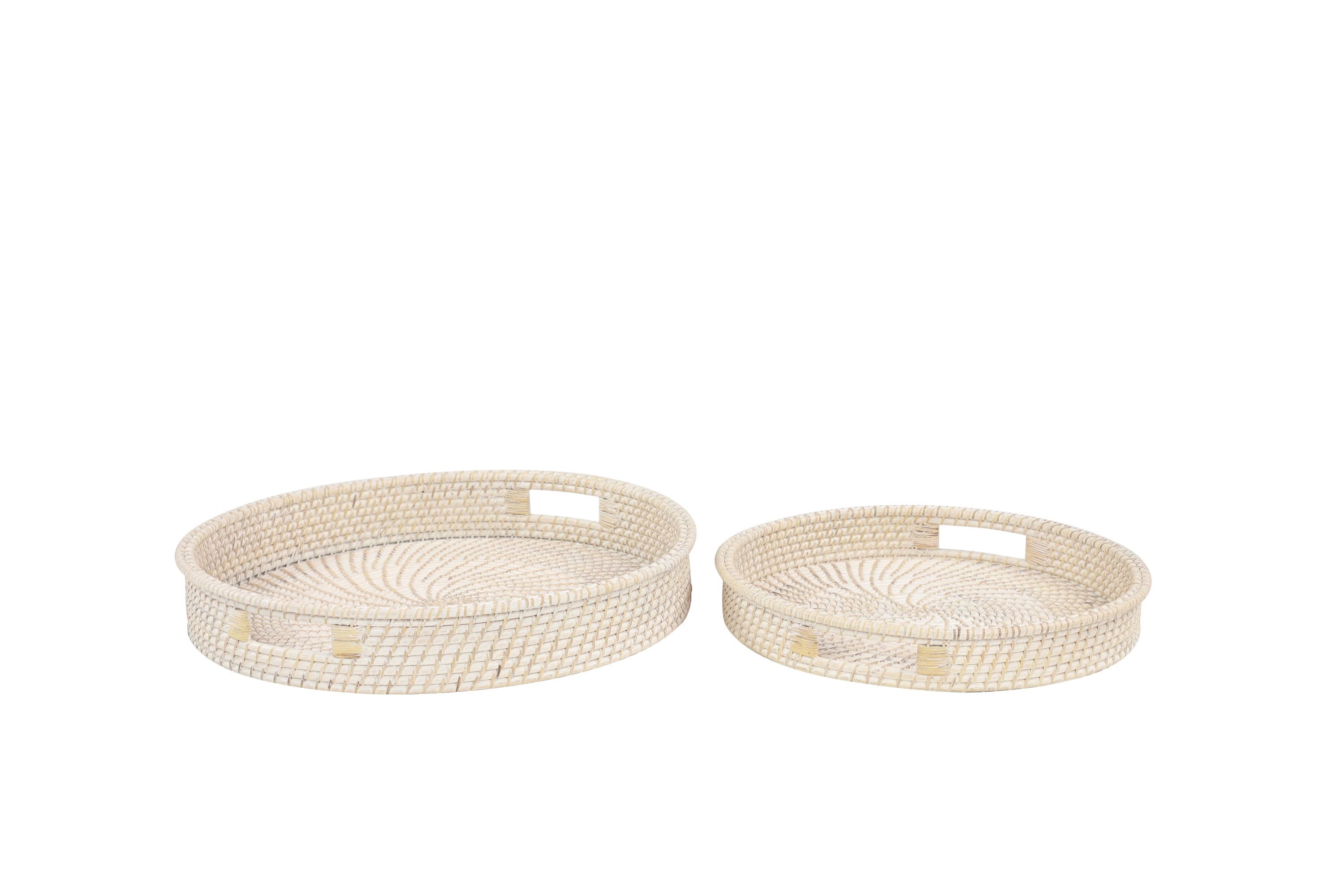 Cream Checkered Round Rattan Decorative Tray Set, 20" and 16"