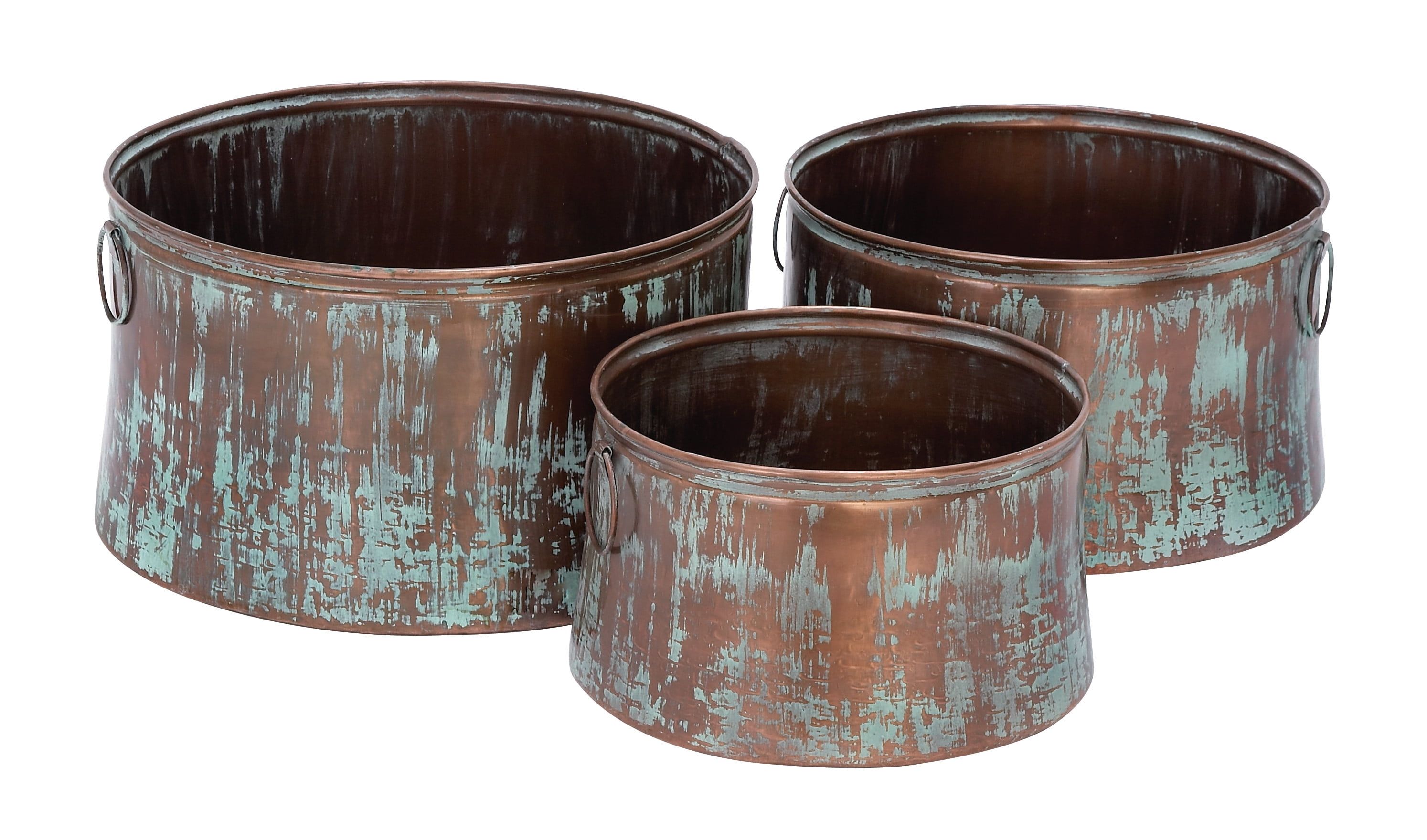 Set of 3 Copper and Green Distressed Metal Planters