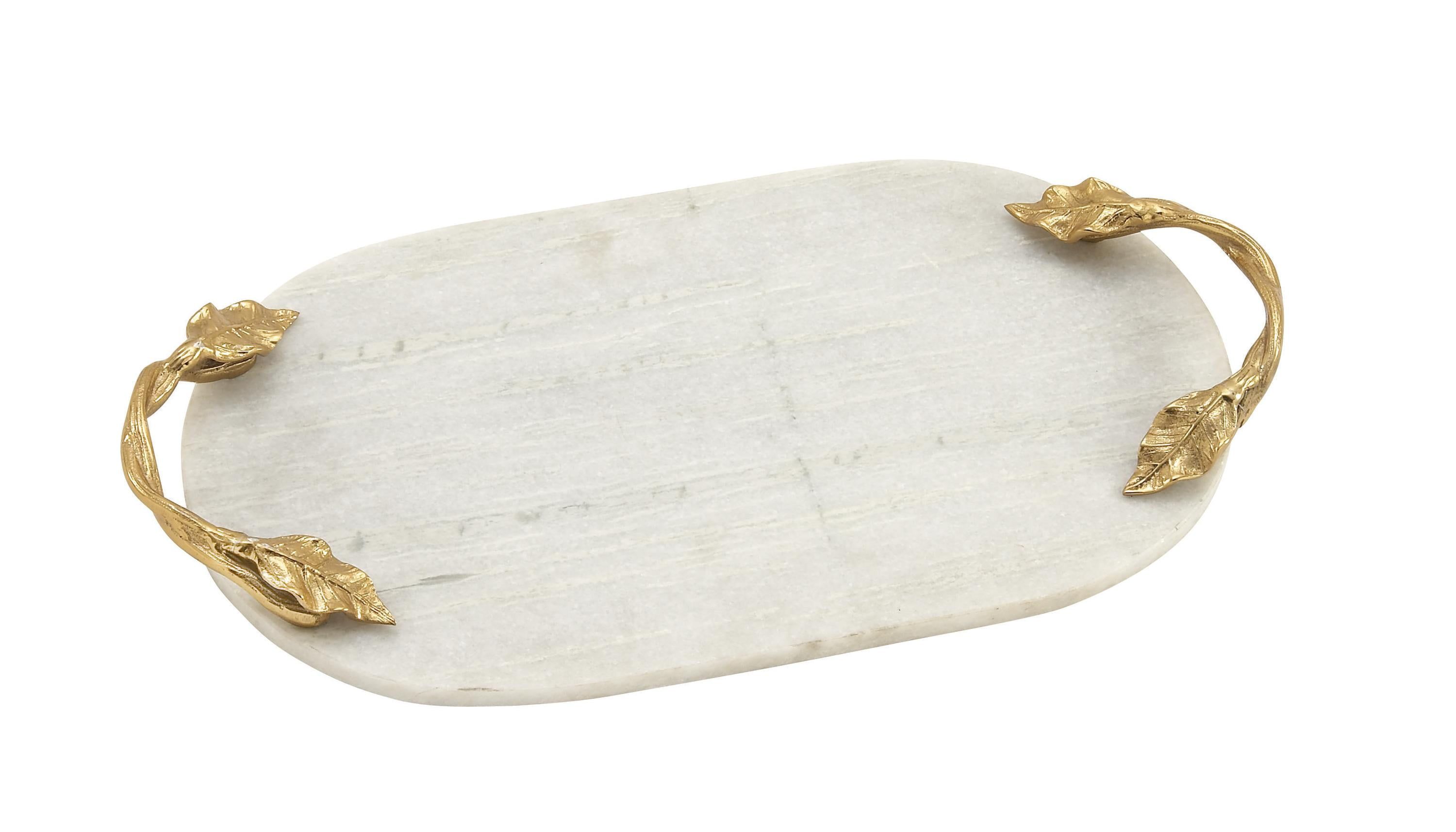 White Marble Oval Tray with Gold Leaf Handles