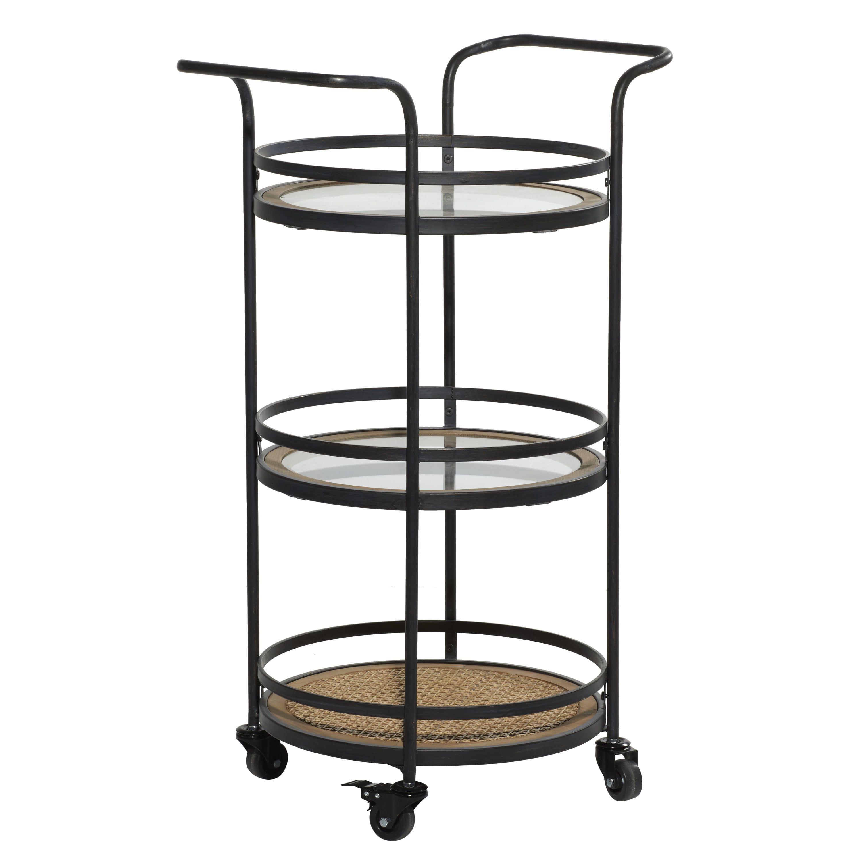 21'' Brown Metal and Rattan Round Bar Cart with Glass Shelves