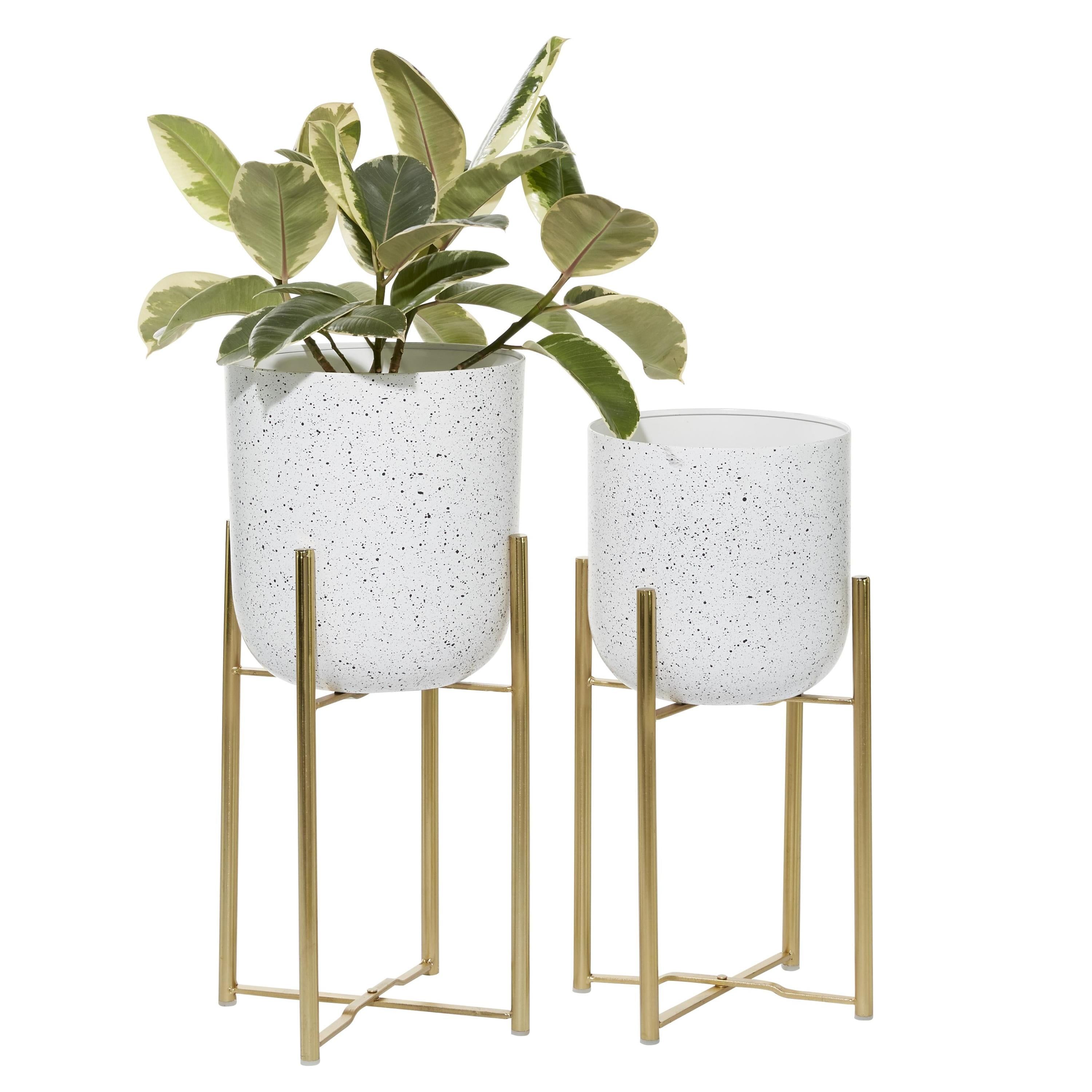 White Speckled Metal Planters with Gold Stands, Set of 2