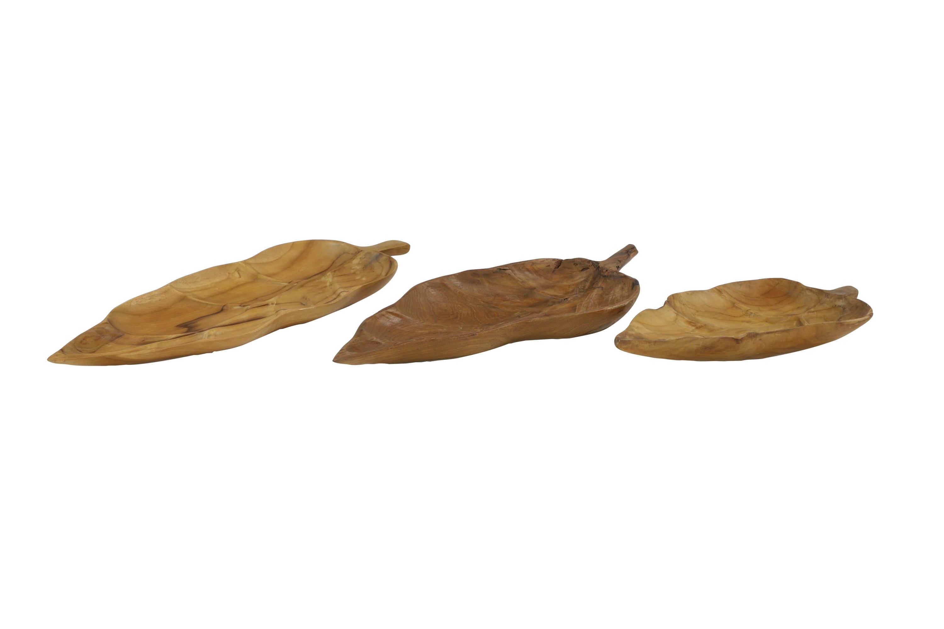 Brown Teak Wood Live Edge Leaf Tray Set of 3