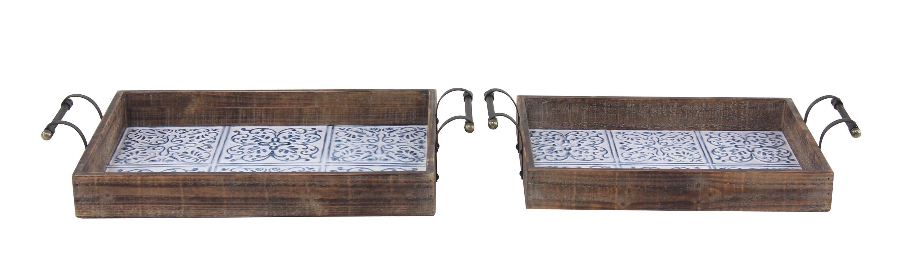 Farmhouse Brown Wood Serving Tray Set with Tile Patterns, 2 Pieces