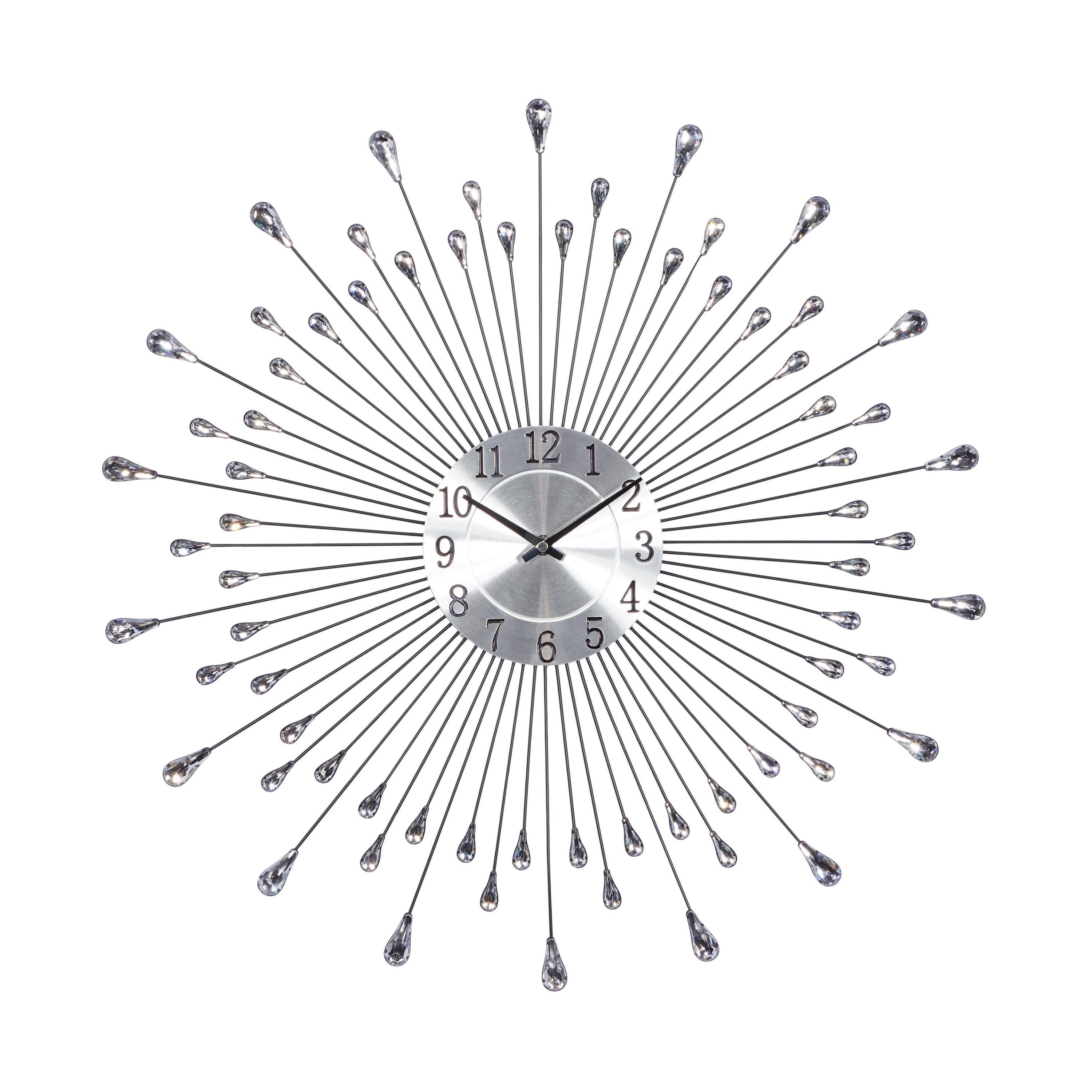 Silver Polished Metal Starburst Wall Clock with Crystal Embellishments