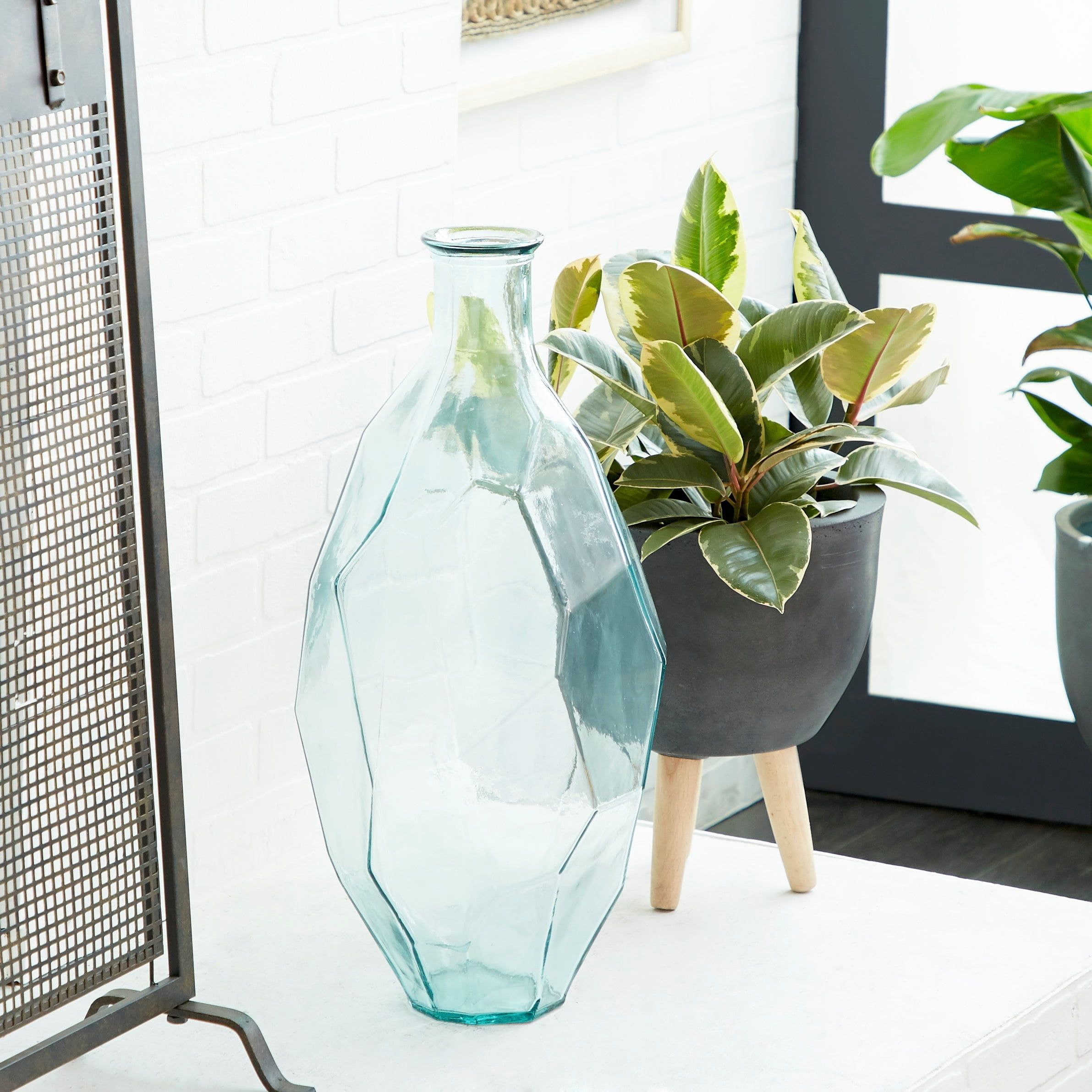 Clear Aquamarine Geometric Recycled Glass Decorative Vase, 23"