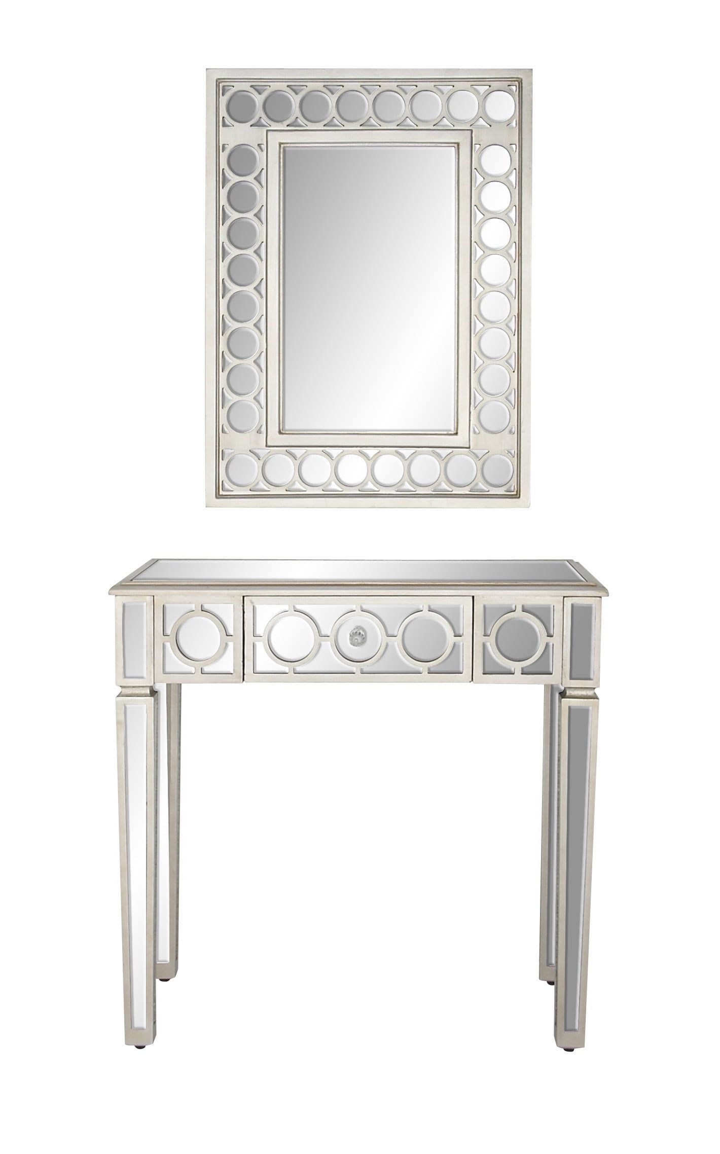 Silver Mirrored Wood and Glass Console Table with Storage