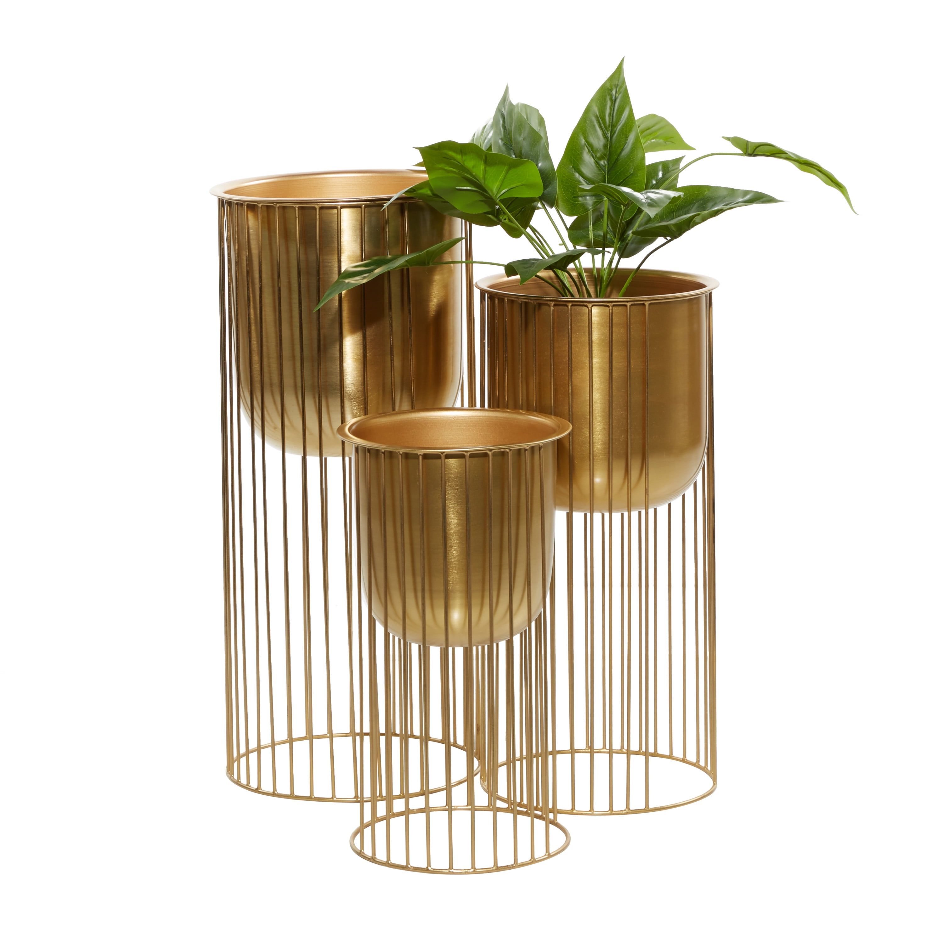 Elevated Satin Gold Metal Planter Trio with Caged Stands