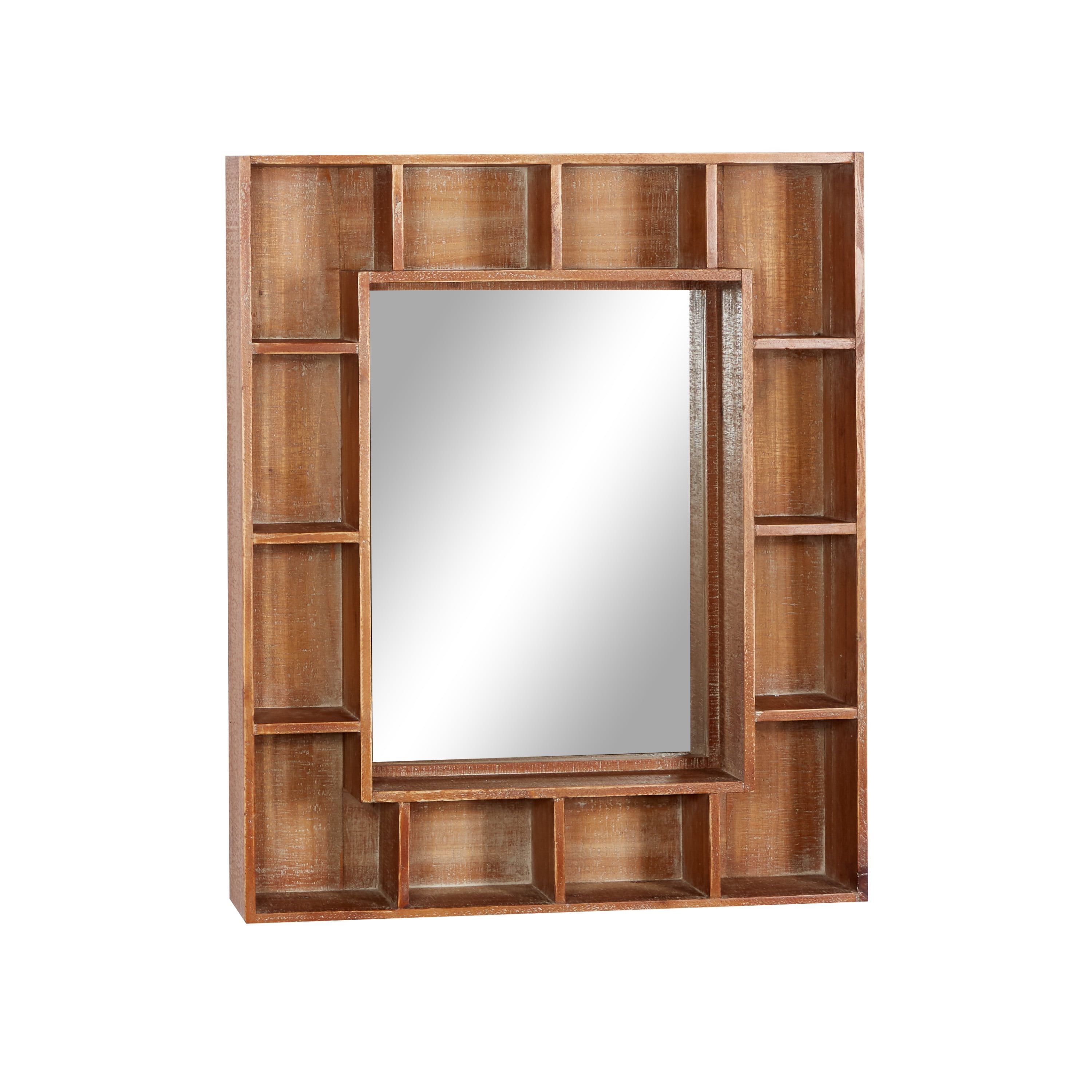 Elegant 24" Brown Wood Rectangular Wall Mirror with Storage Shelves