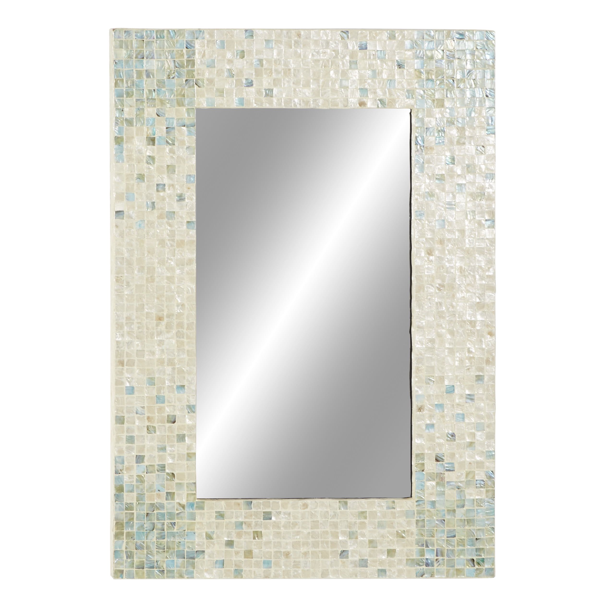 Coastal Charm Cream and Aqua Mosaic Wall Mirror 24" x 36"