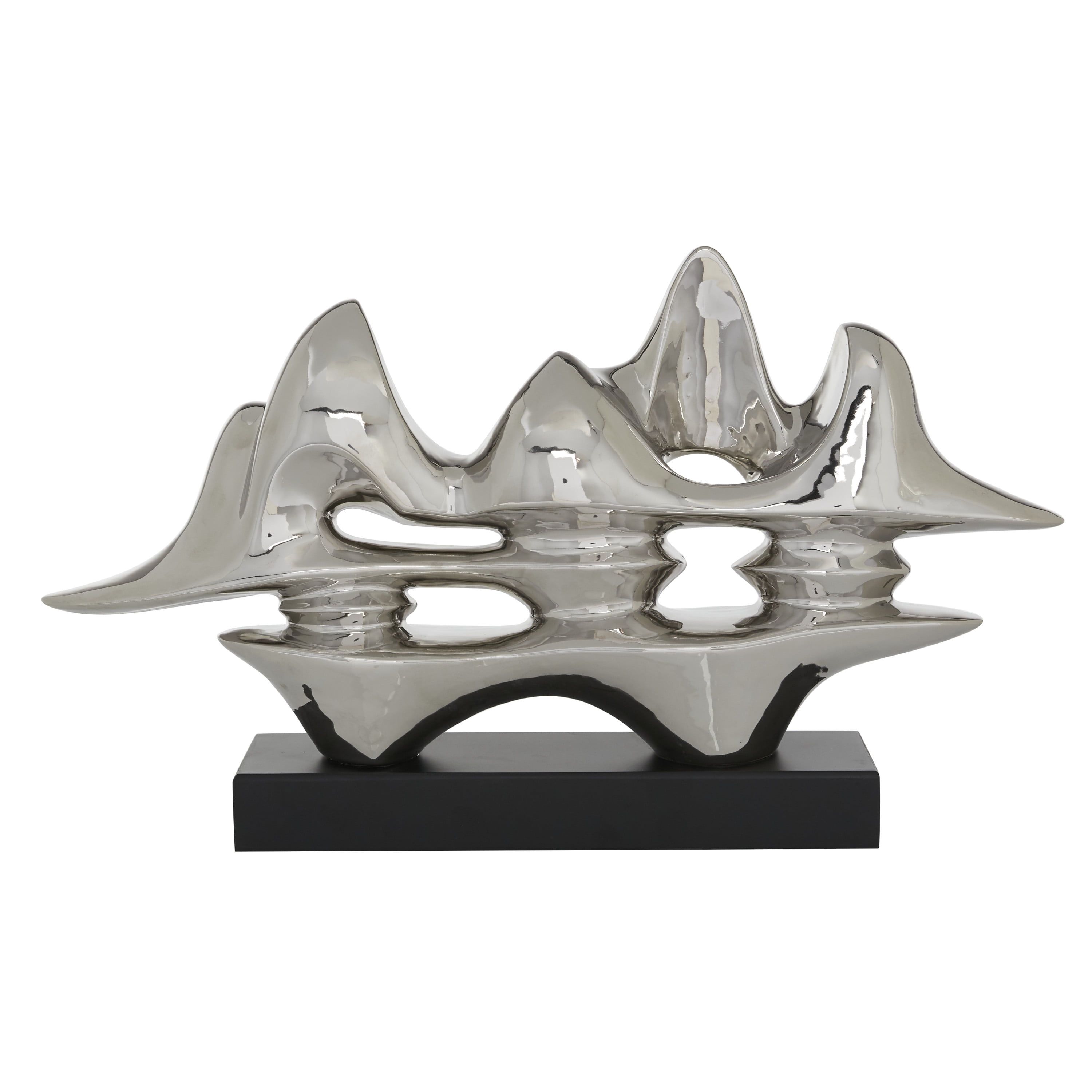 Silver Porcelain Abstract Sculpture with Dark Wood Base