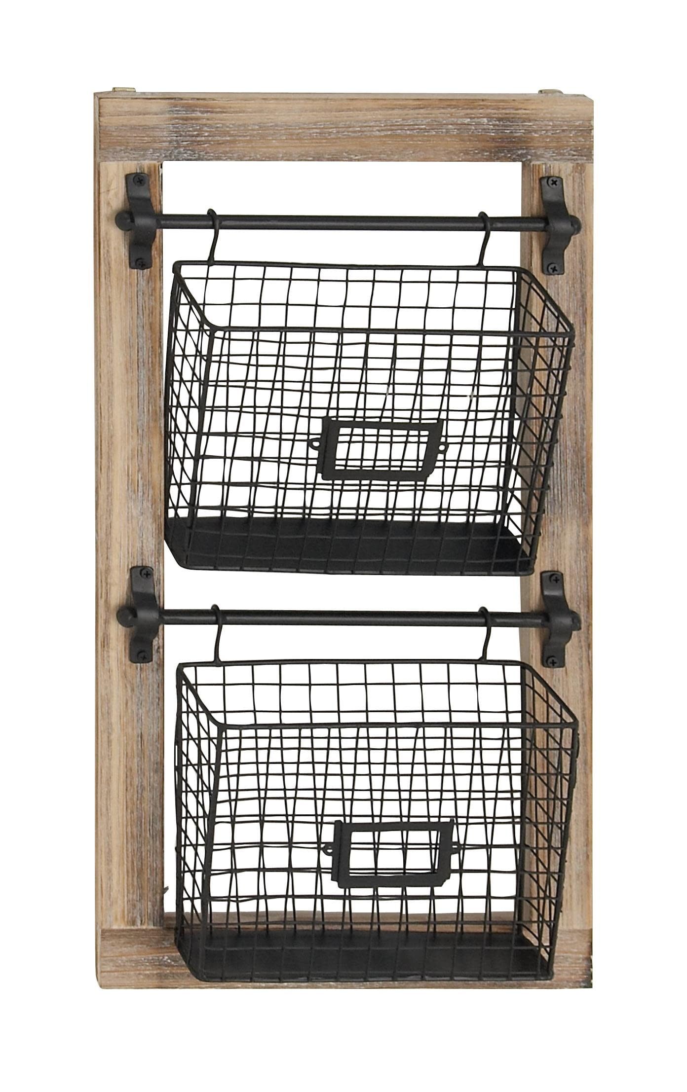 Black Metal and Wood Wall Mounted Magazine Rack with Baskets